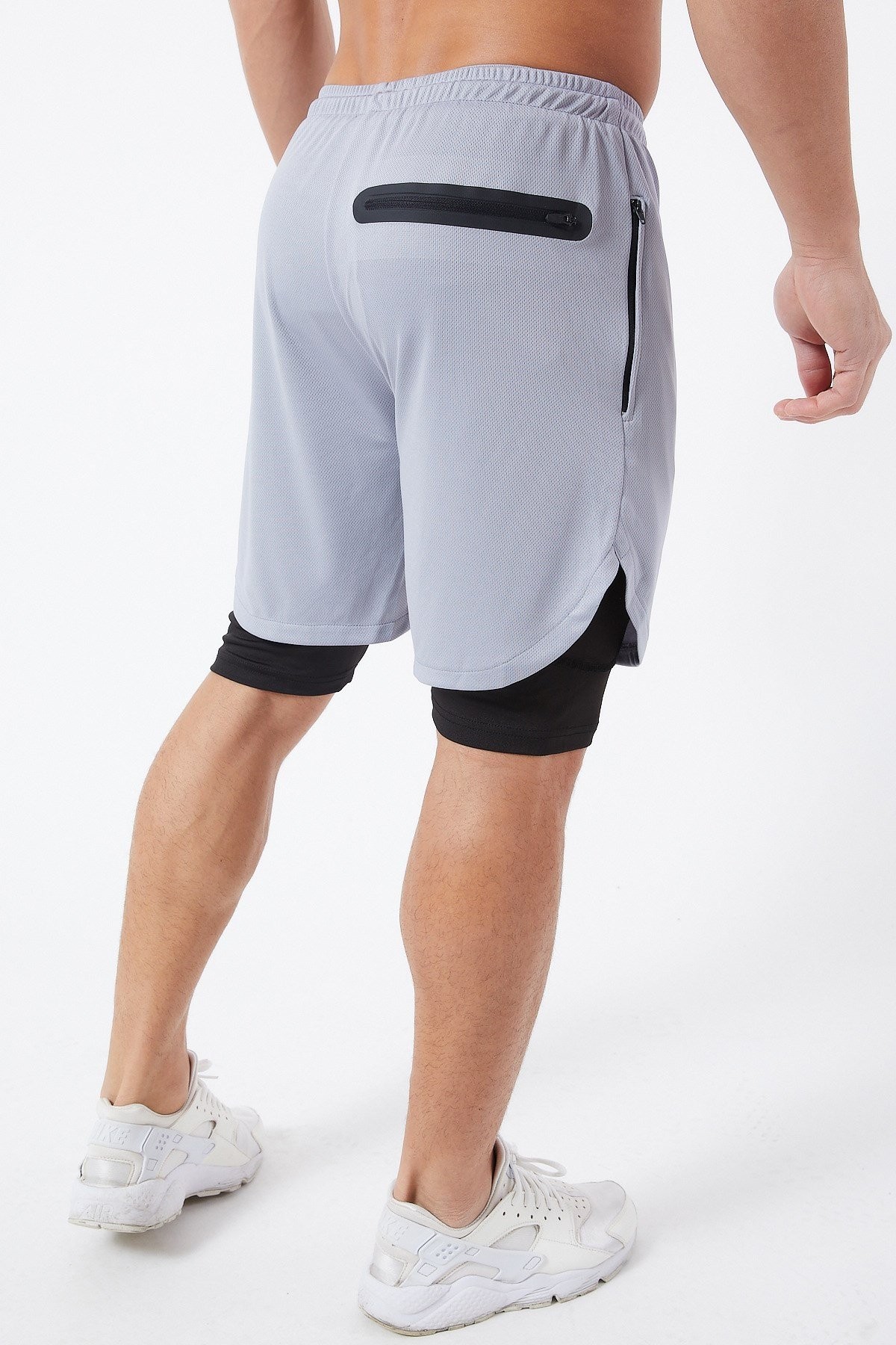 Gymwolves Erkek Spor Şort Çift Katmanlı | Uzun İç Tayt | Açık Gri | Comfortable Serisi |