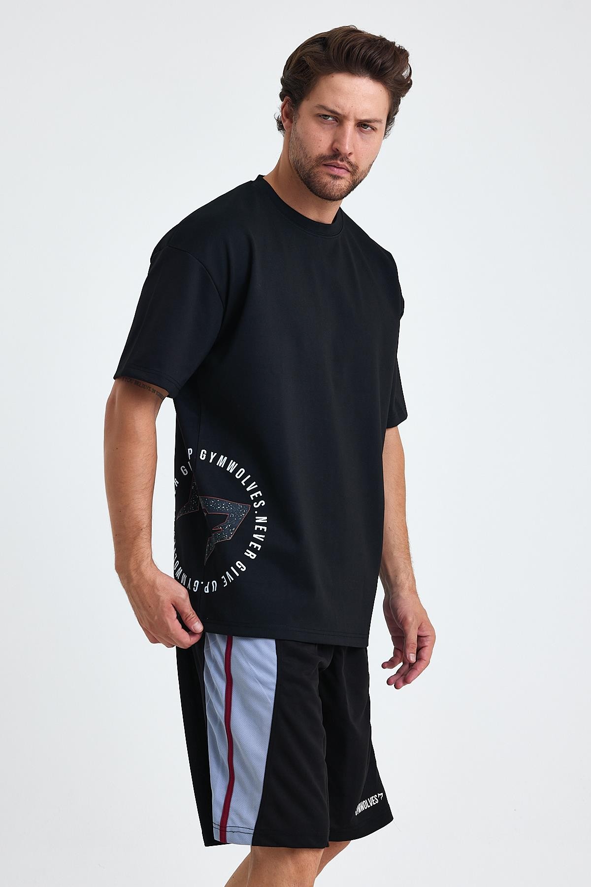 Gymwolves Erkek Over Size Spor T-Shirt | Kurt  Baskılı | Workout T-Shirt | Tişört  | Siyah |