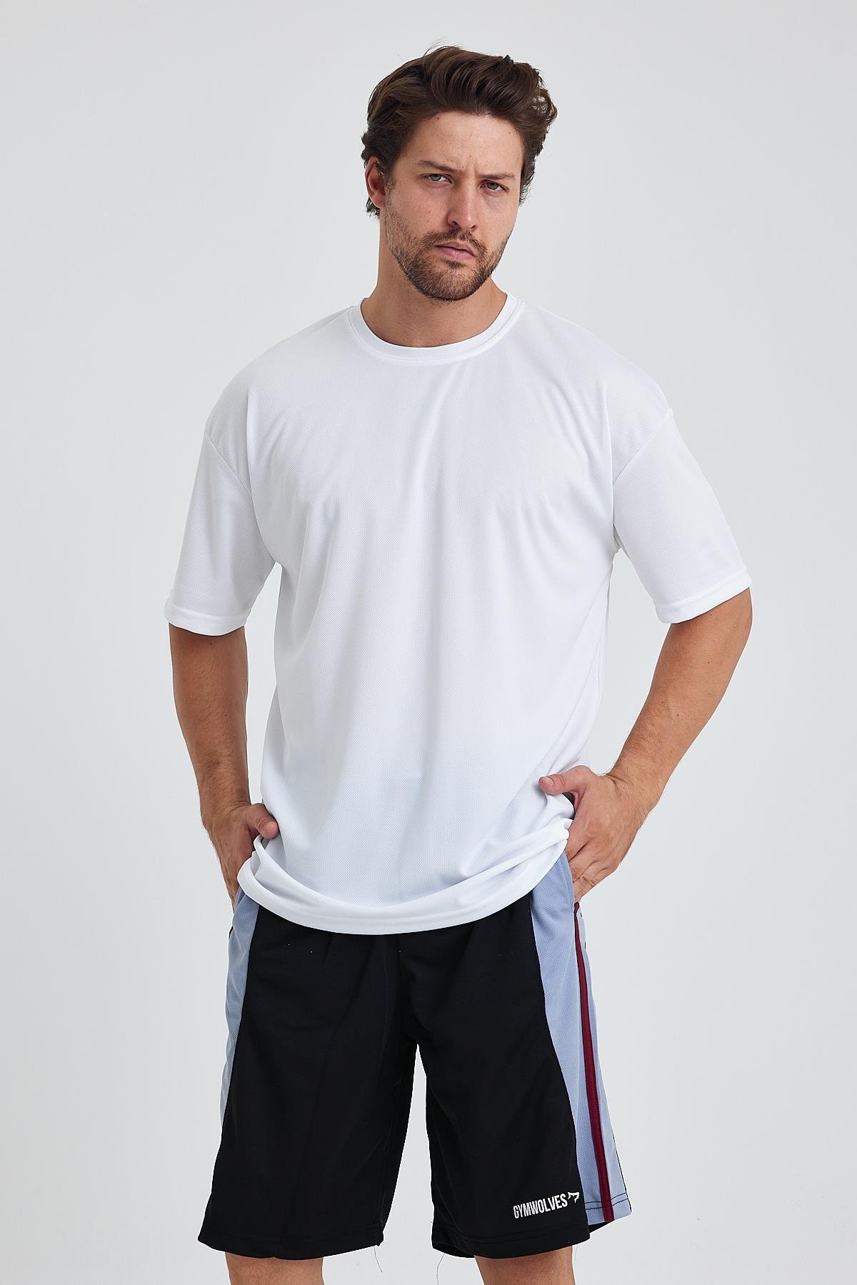 Gymwolves Erkek Over Size Spor T-Shirt | Sırta Kurt  Baskılı | Workout T-Shirt | Tişört | Beyaz |