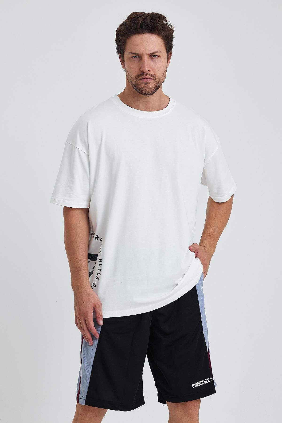 Gymwolves Erkek Over Size Spor T-Shirt | Kurt  Baskılı | Workout T-Shirt | Tişört  | Beyaz |
