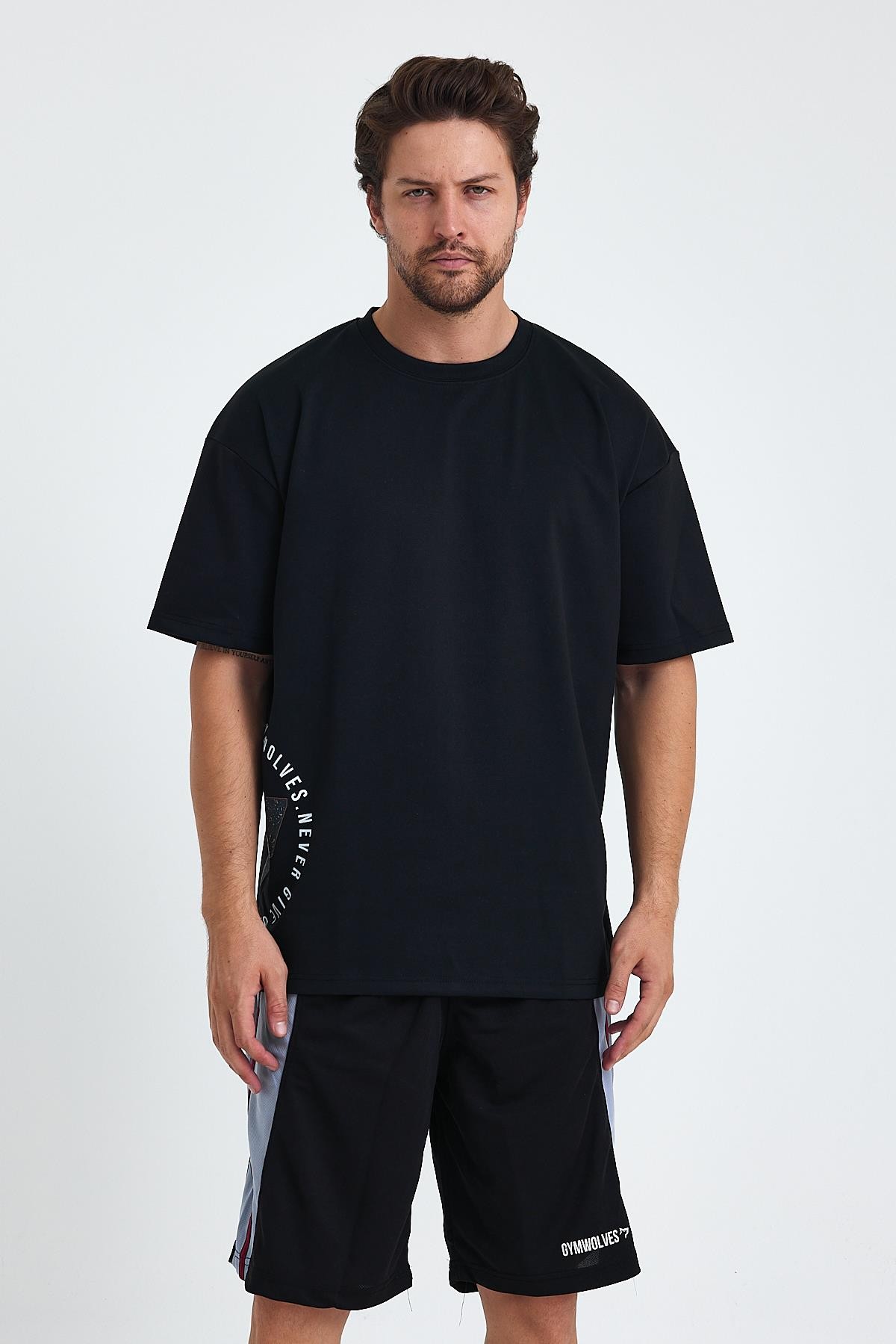 Gymwolves Erkek Over Size Spor T-Shirt | Kurt  Baskılı | Workout T-Shirt | Tişört  | Siyah |