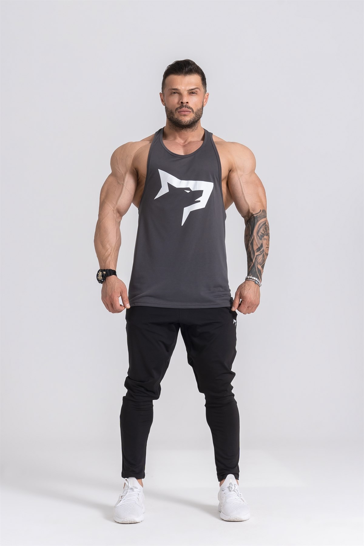 Gymwolves Erkek Spor Atleti | Stringer | Workout Tanktop | Füme | Wolf Serisi