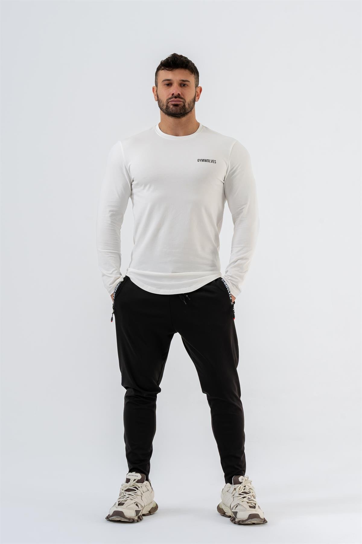 Gymwolves Erkek Spor Body | Beyaz | Uzun Kollu Spor T-Shirt | Basic Serisi |