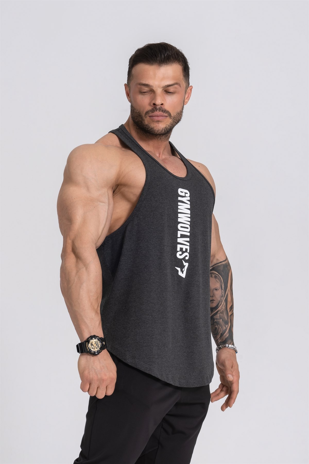 Gymwolves Spor Atleti | Stringer | Workout Tanktop | Siyah Melanj | Comfortable Serisi