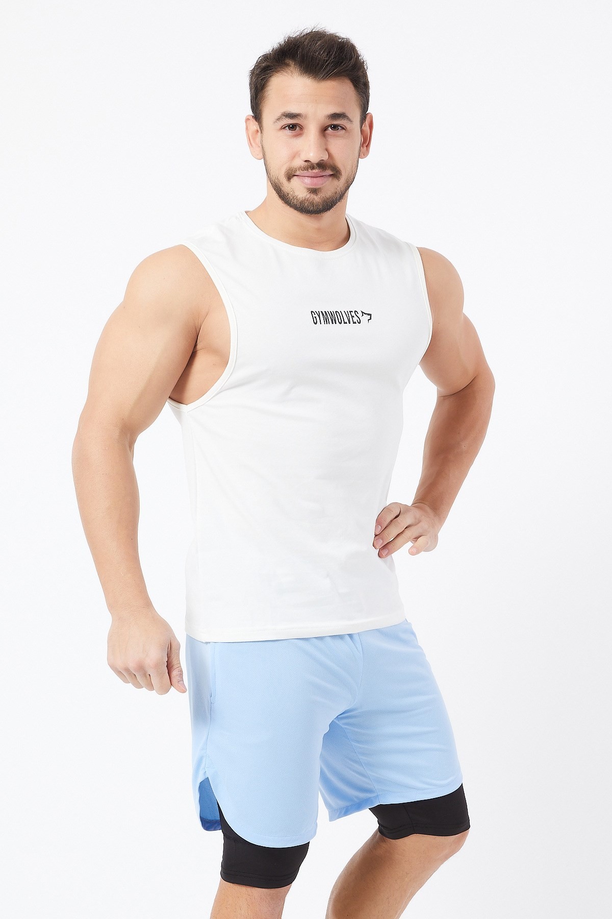 Gymwolves Erkek Kolsuz T-Shirt | Erkek Spor T-shirt | Krem | Workout Tanktop |