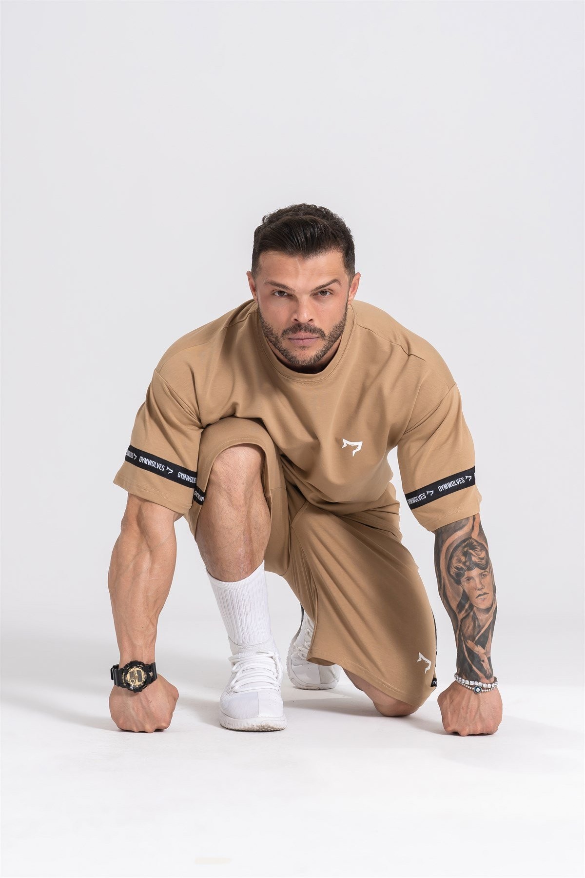 Gymwolves Erkek Şortlu Eşofman Takımı | Kahverengi | Over Size Şortlu Eşofman Takımı|