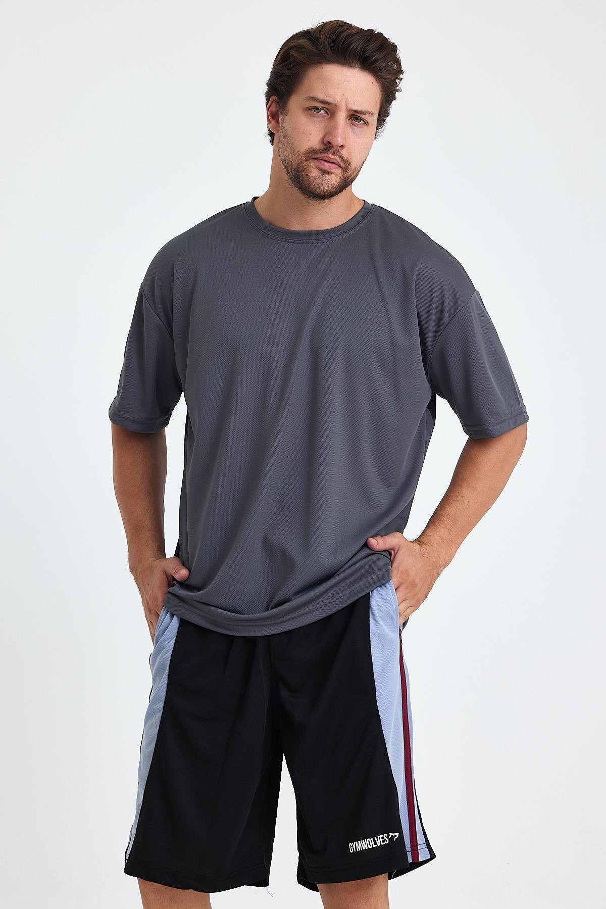 Gymwolves Erkek Over Size Spor T-Shirt | Sırta Kurt  Baskılı | Workout T-Shirt | Tişört | Füme |
