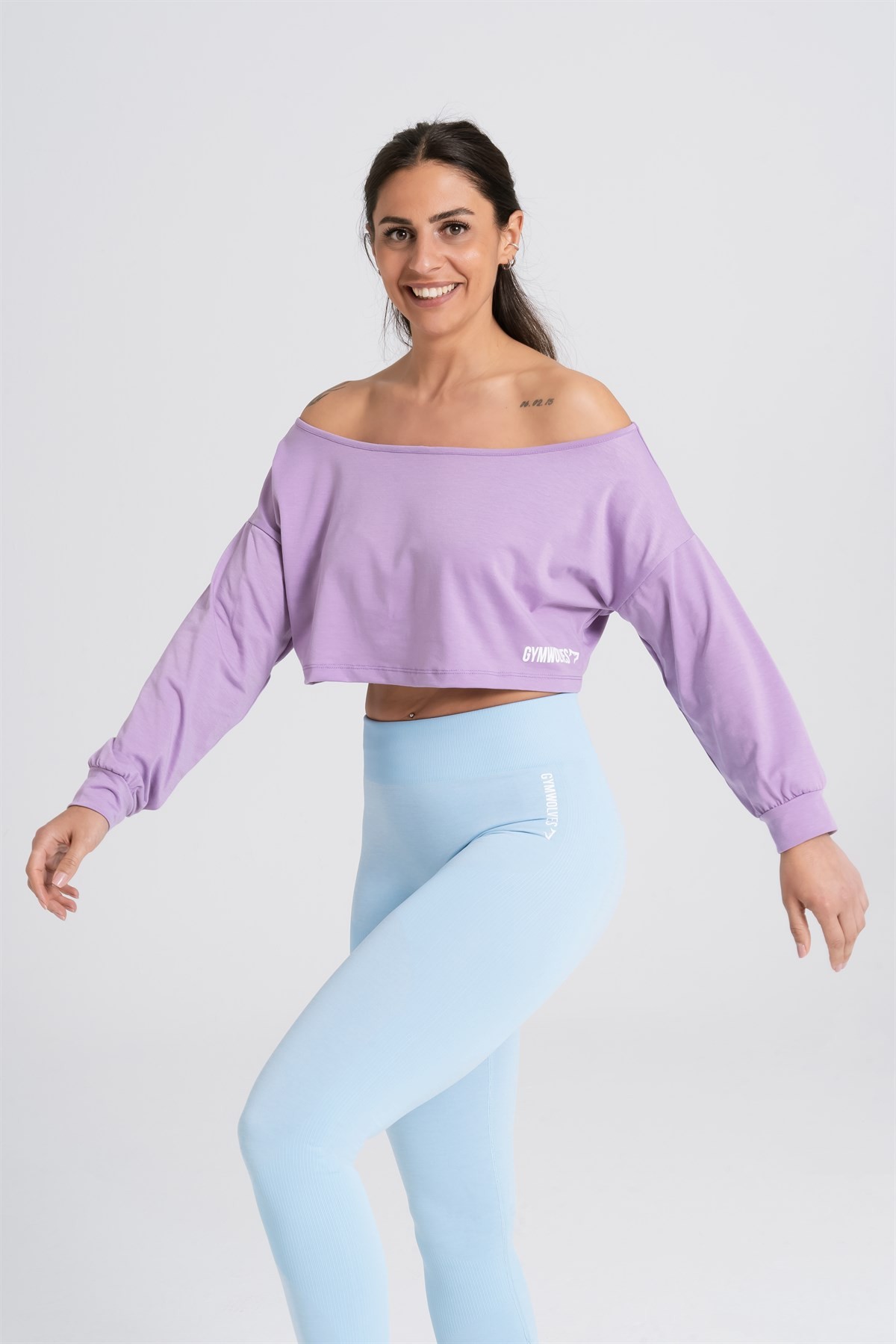 Gymwolves Kayık Yaka Uzun Kollu Crop T-Shirt | Mor | Cotton Serisi |