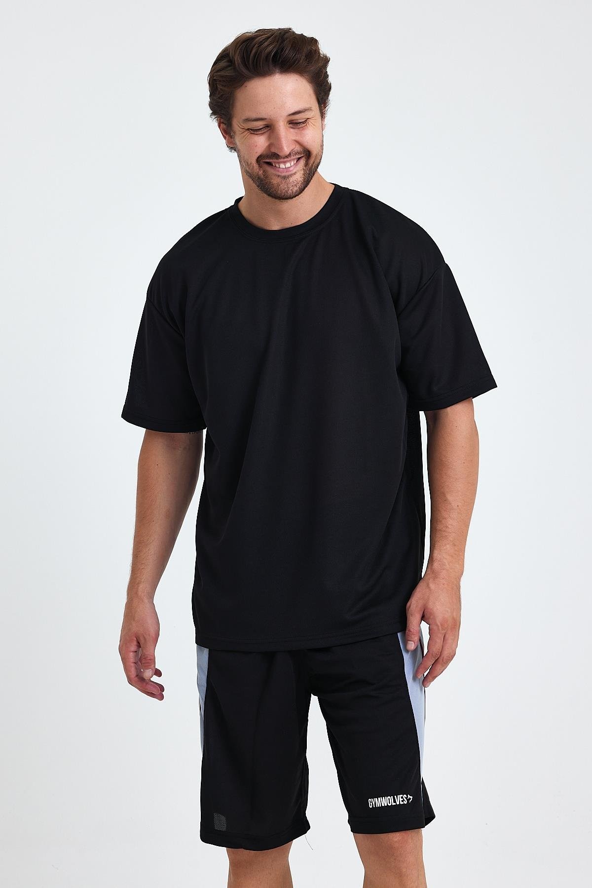 Gymwolves Erkek Over Size Spor T-Shirt | Sırta Kurt  Baskılı | Workout T-Shirt | Tişört | Siyah |