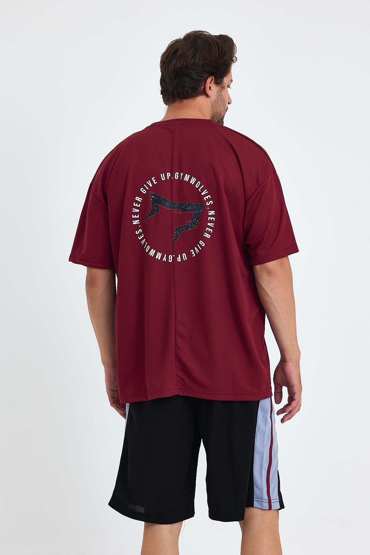 Gymwolves Erkek Over Size Spor T-Shirt | Sırta Kurt  Baskılı | Workout T-Shirt | Tişört | Bordo |