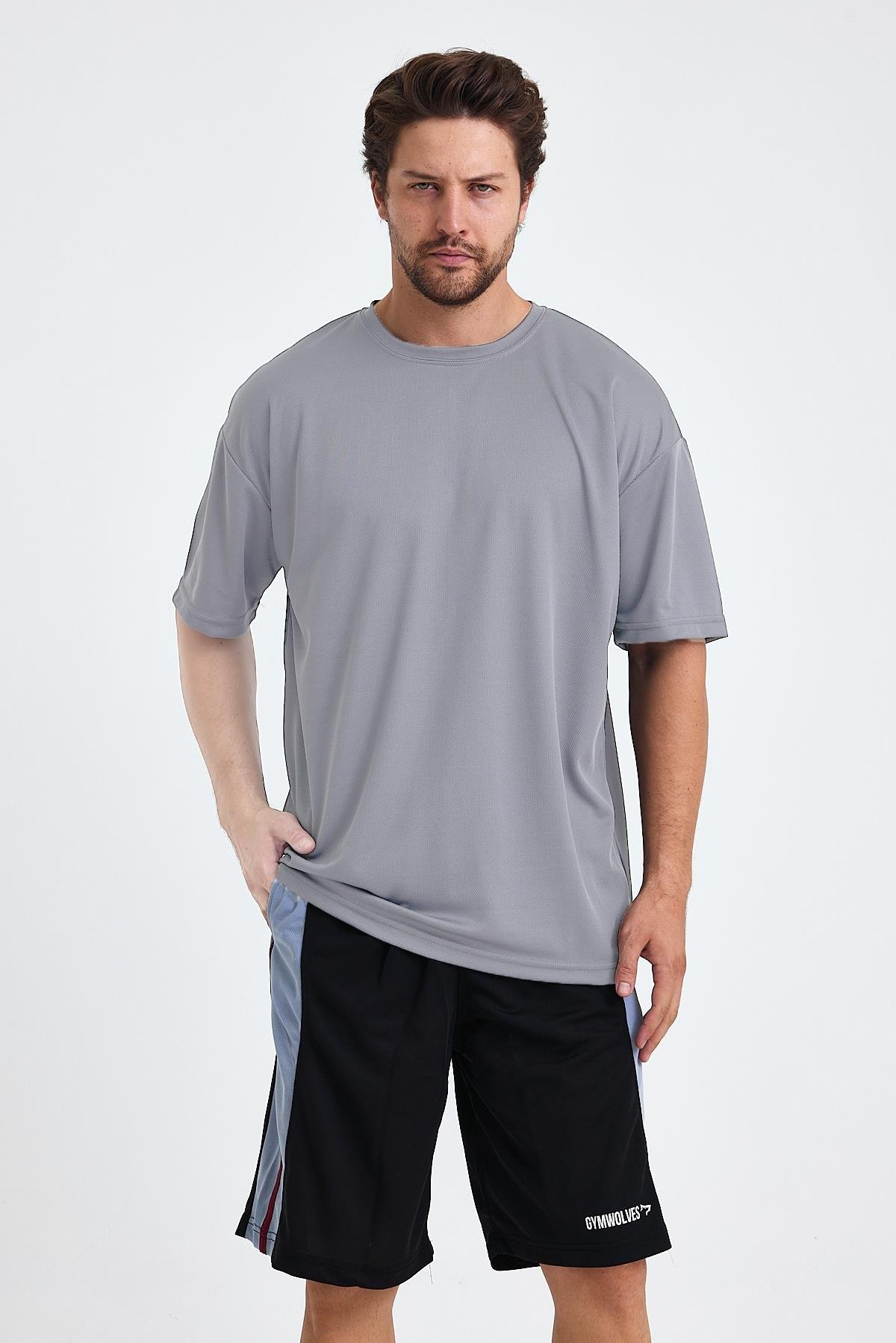 Gymwolves Erkek Over Size Spor T-Shirt | Sırta Kurt  Baskılı | Workout T-Shirt | Tişört | Light Grey |