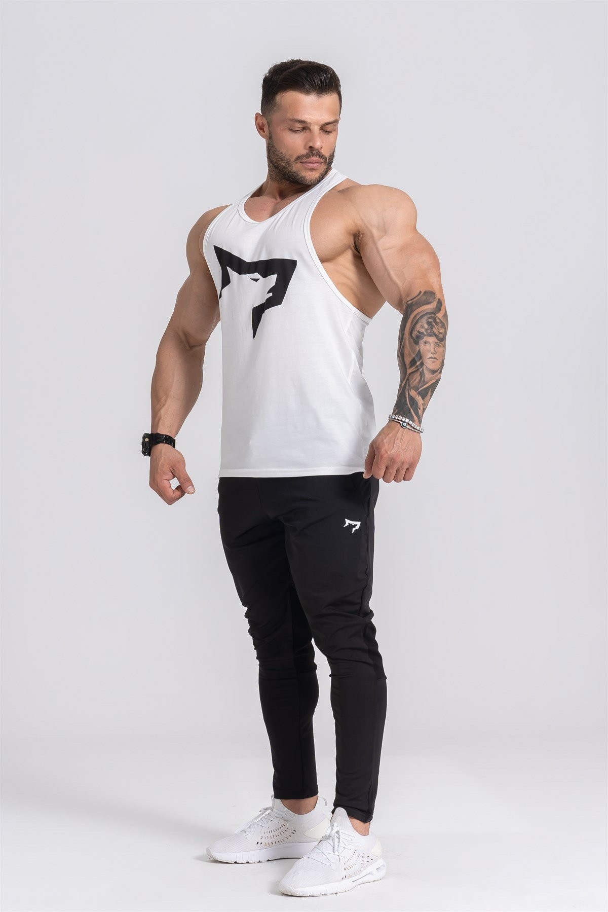 Gymwolves Erkek Spor Atleti | Stringer | Workout Tanktop | Krem | Wolf Serisi