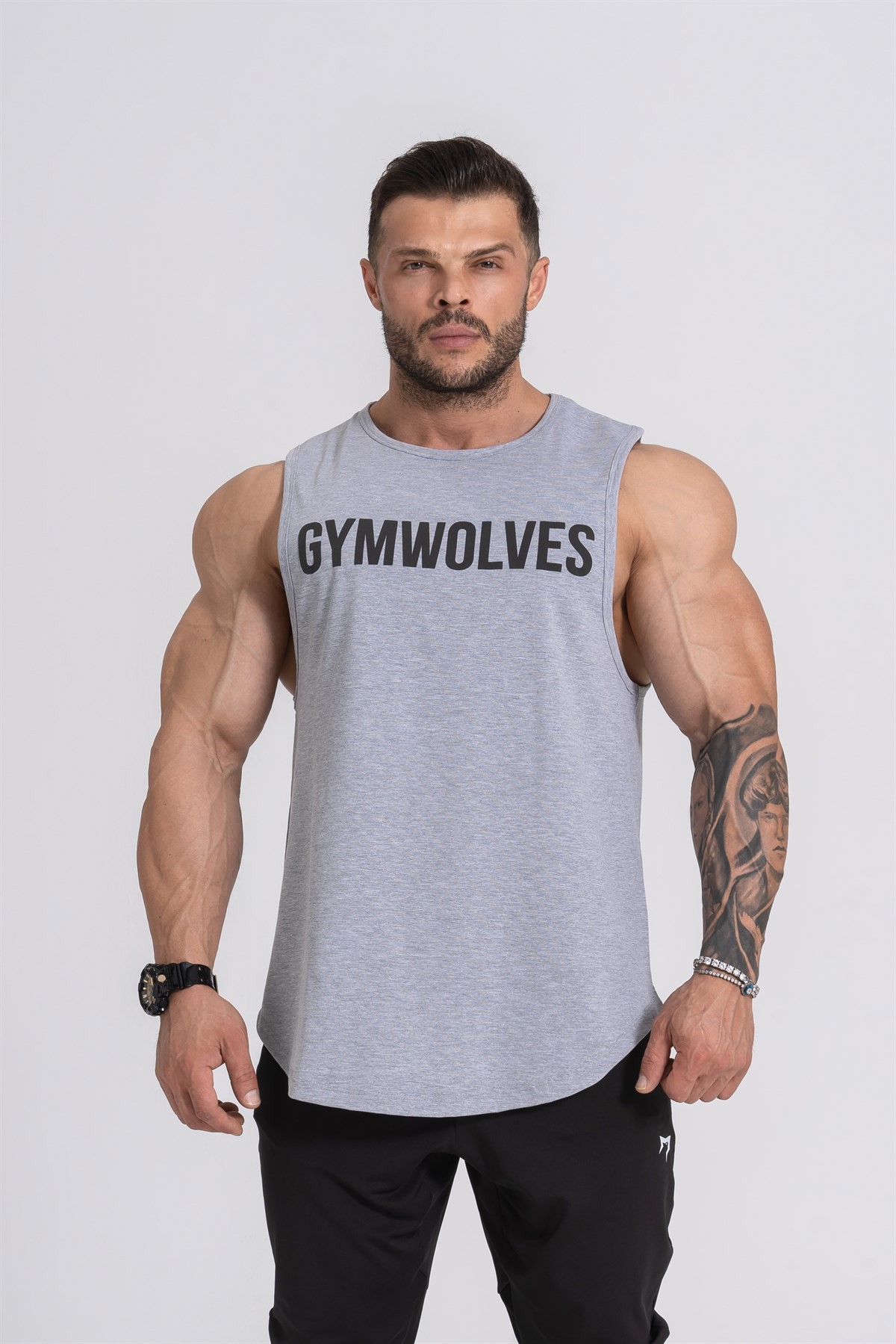 Gymwolves Erkek Kolsuz T-Shirt | Erkek Spor T-shirt | Gri | Workout Tanktop |