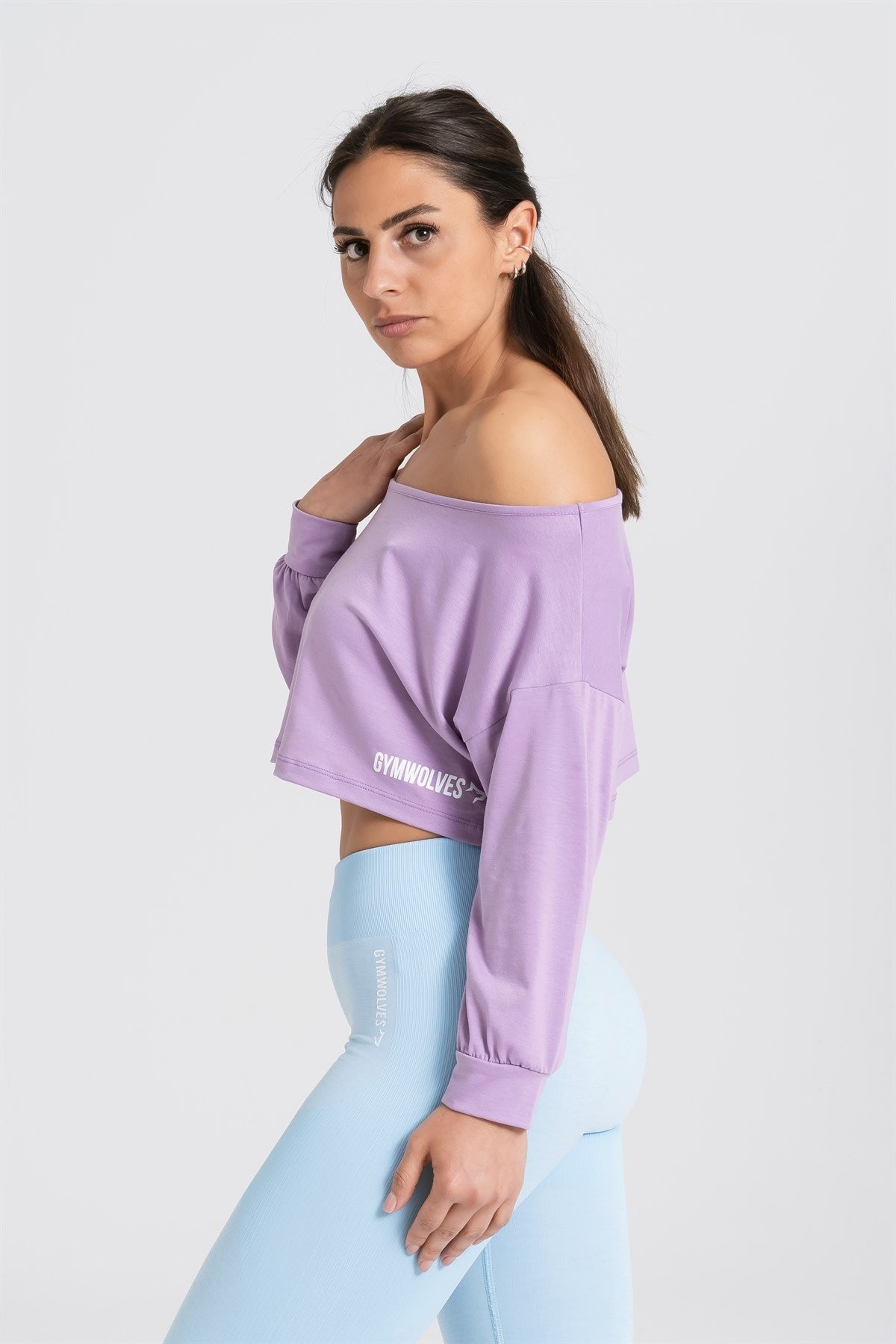 Gymwolves Kayık Yaka Uzun Kollu Crop T-Shirt | Mor | Cotton Serisi |