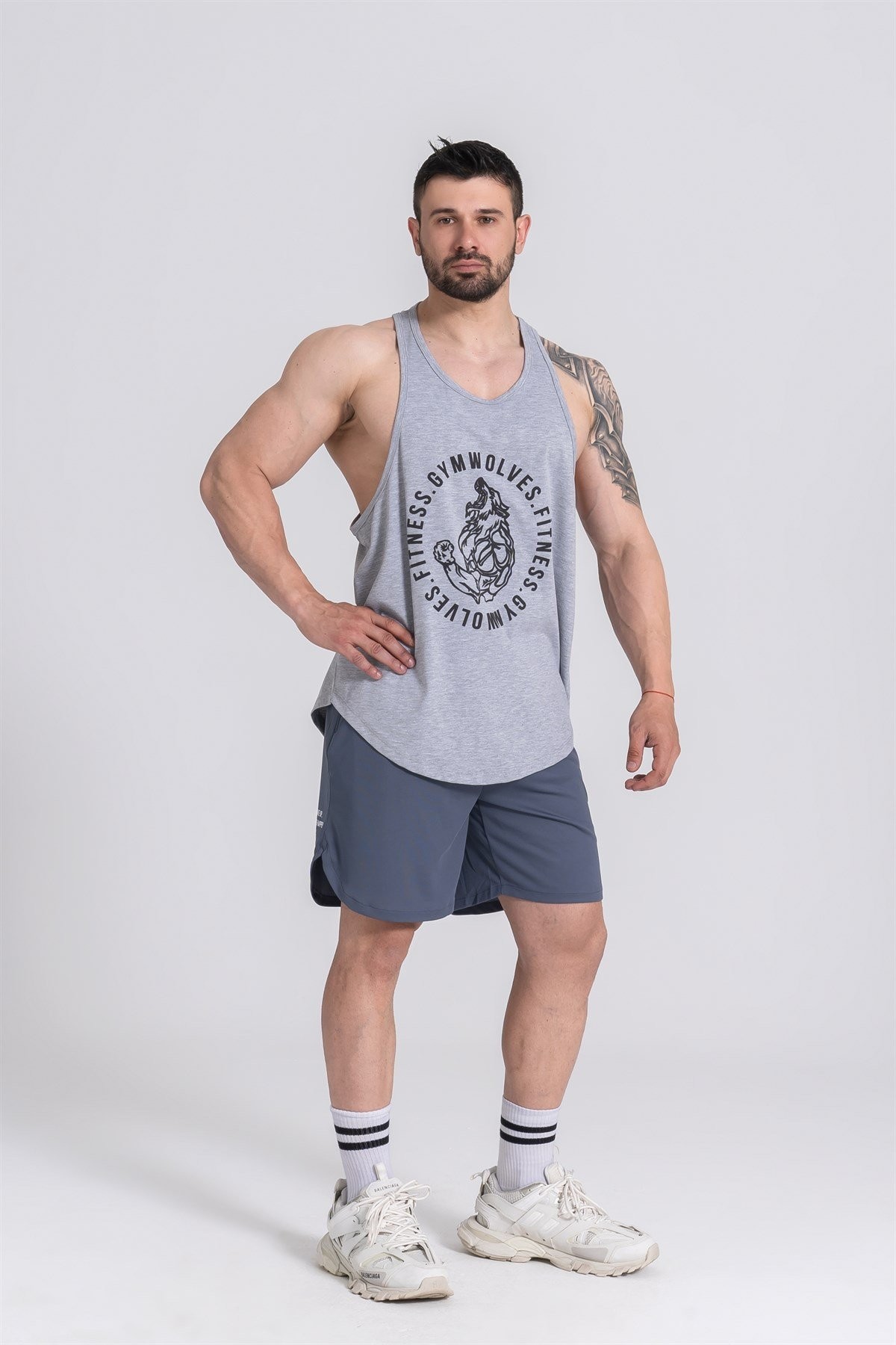 Gymwolves Erkek Spor Atleti | Stringer | Workout Tanktop | Gri | Wolf Serisi