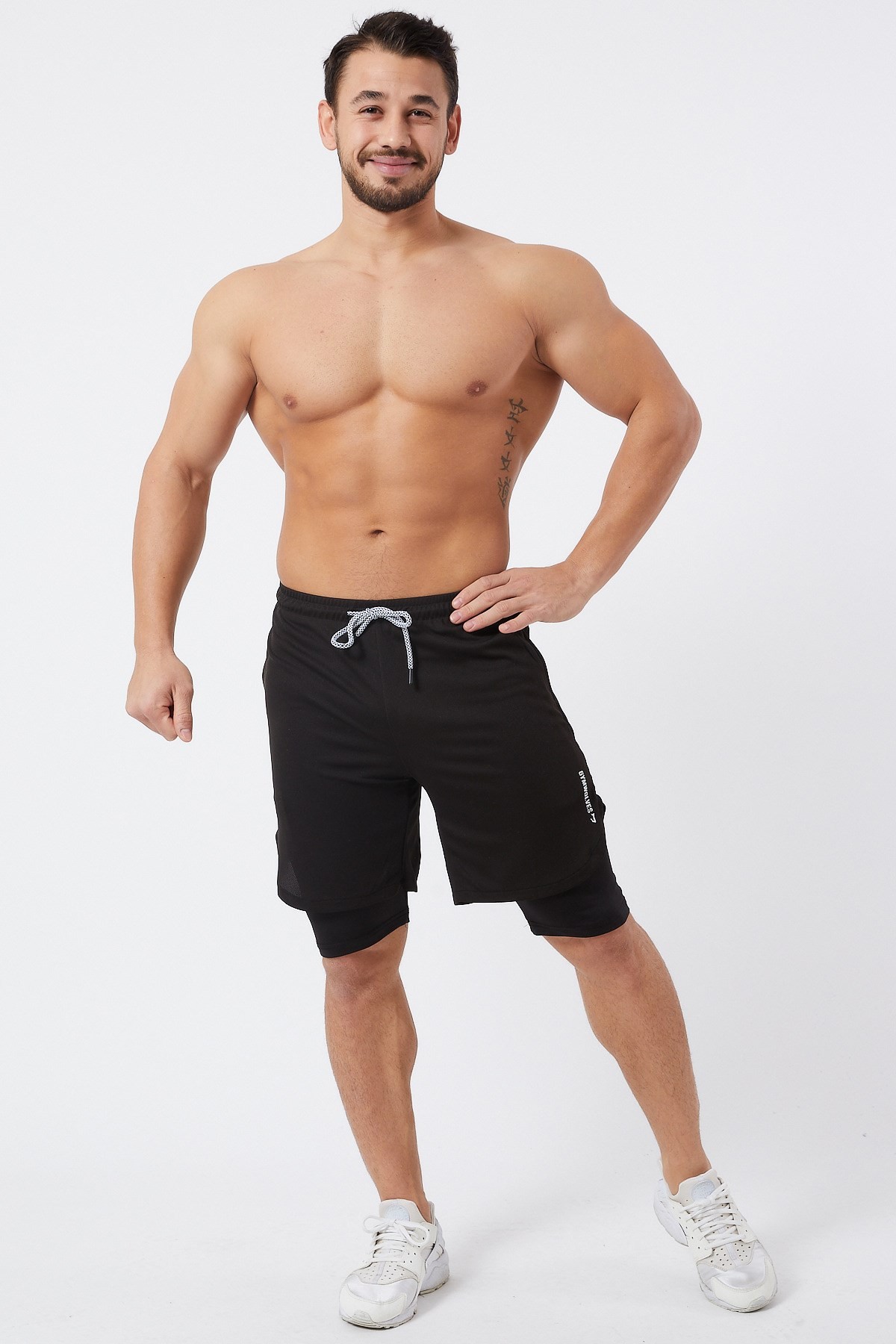 Gymwolves Erkek Spor Şort Çift Katmanlı | Uzun İç Tayt | Siyah | Comfortable Serisi |