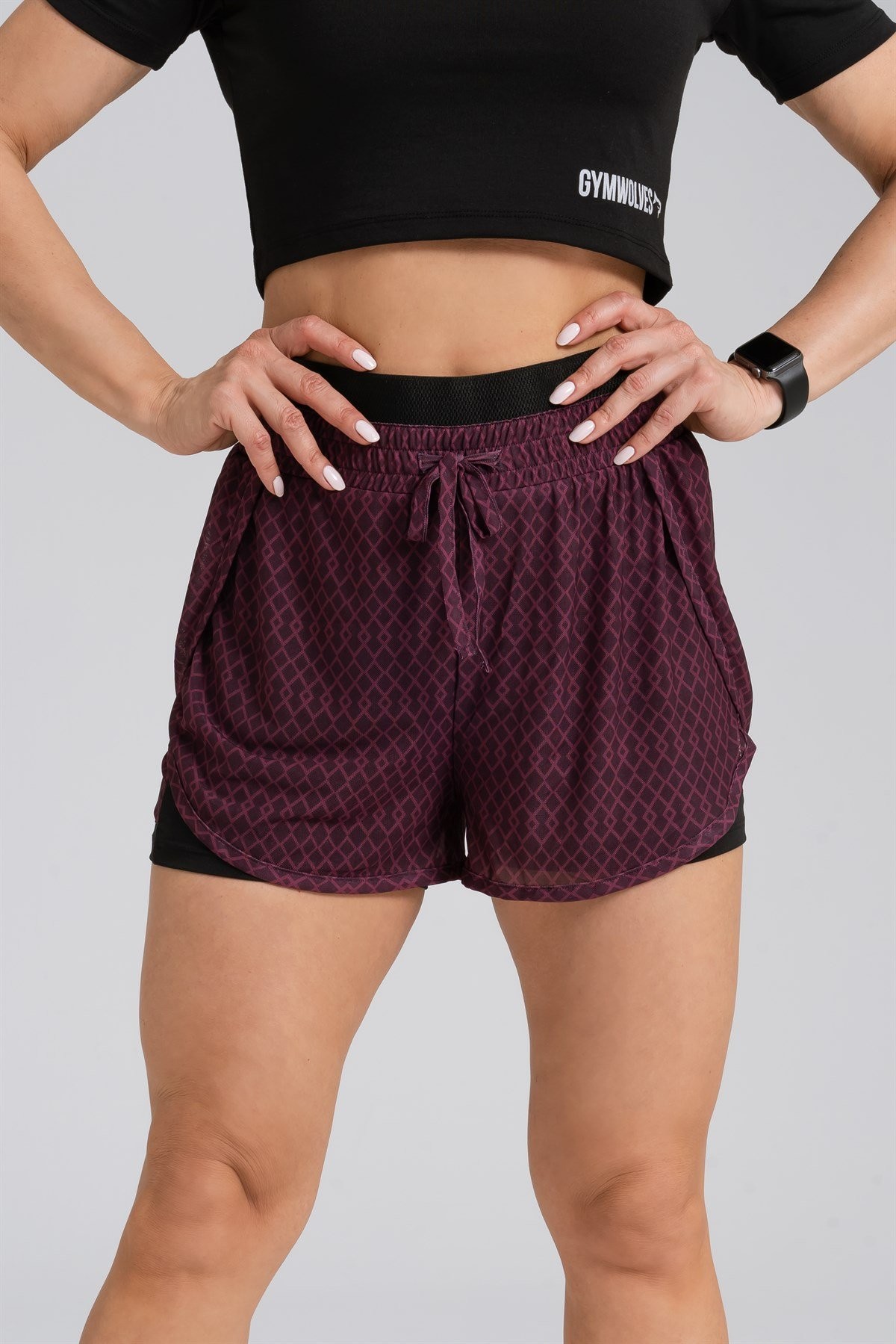 Gymwolves Kadın Spor Şort | İki Konbinasyon Bir Arada | Taytlı Spor Şort | Bordo | Comfortable Serisi |