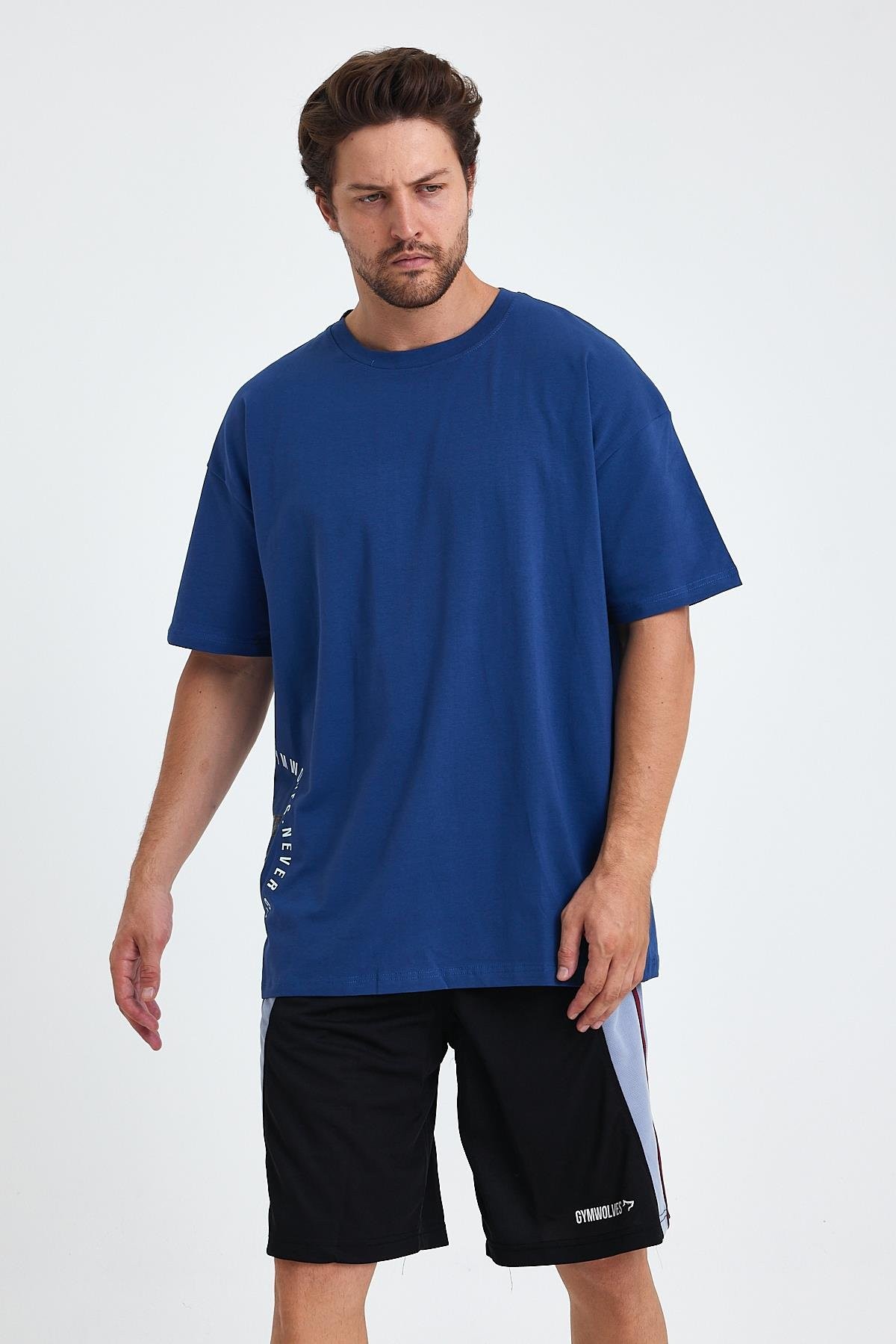 Gymwolves Erkek Over Size Spor T-Shirt | Kurt  Baskılı | Workout T-Shirt | Tişört  | İndigo |