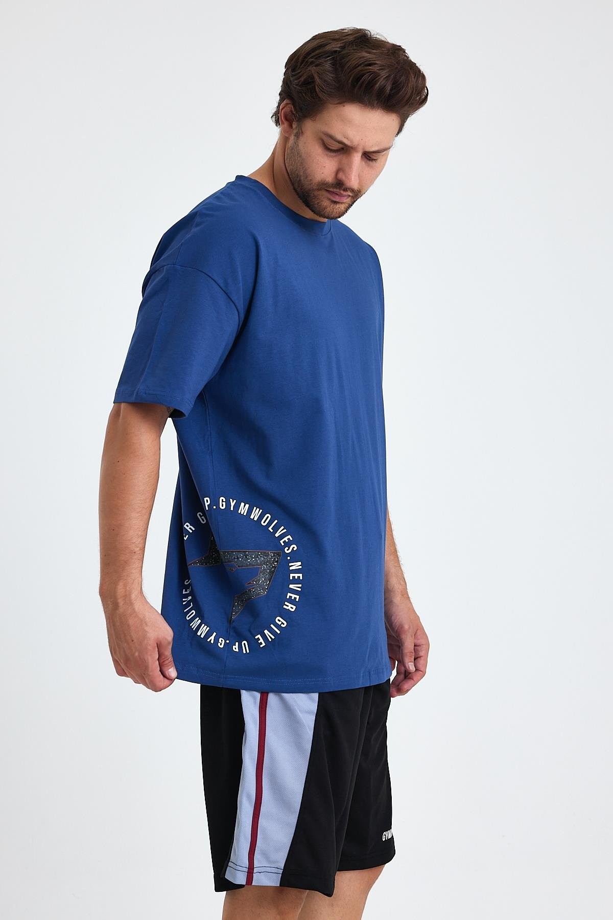 Gymwolves Erkek Over Size Spor T-Shirt | Kurt  Baskılı | Workout T-Shirt | Tişört  | İndigo |
