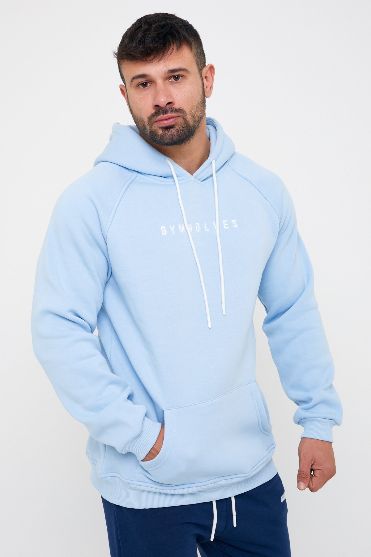 Gymwolves Erkek Kapüşonlu Sweatshirt | Light Blue | Hoodies |