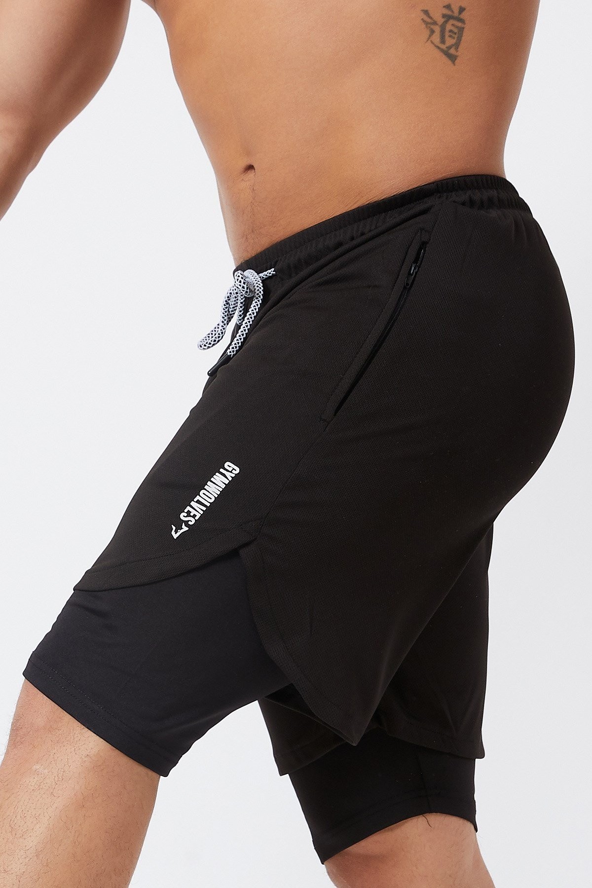 Gymwolves Erkek Spor Şort Çift Katmanlı | Uzun İç Tayt | Siyah | Comfortable Serisi |