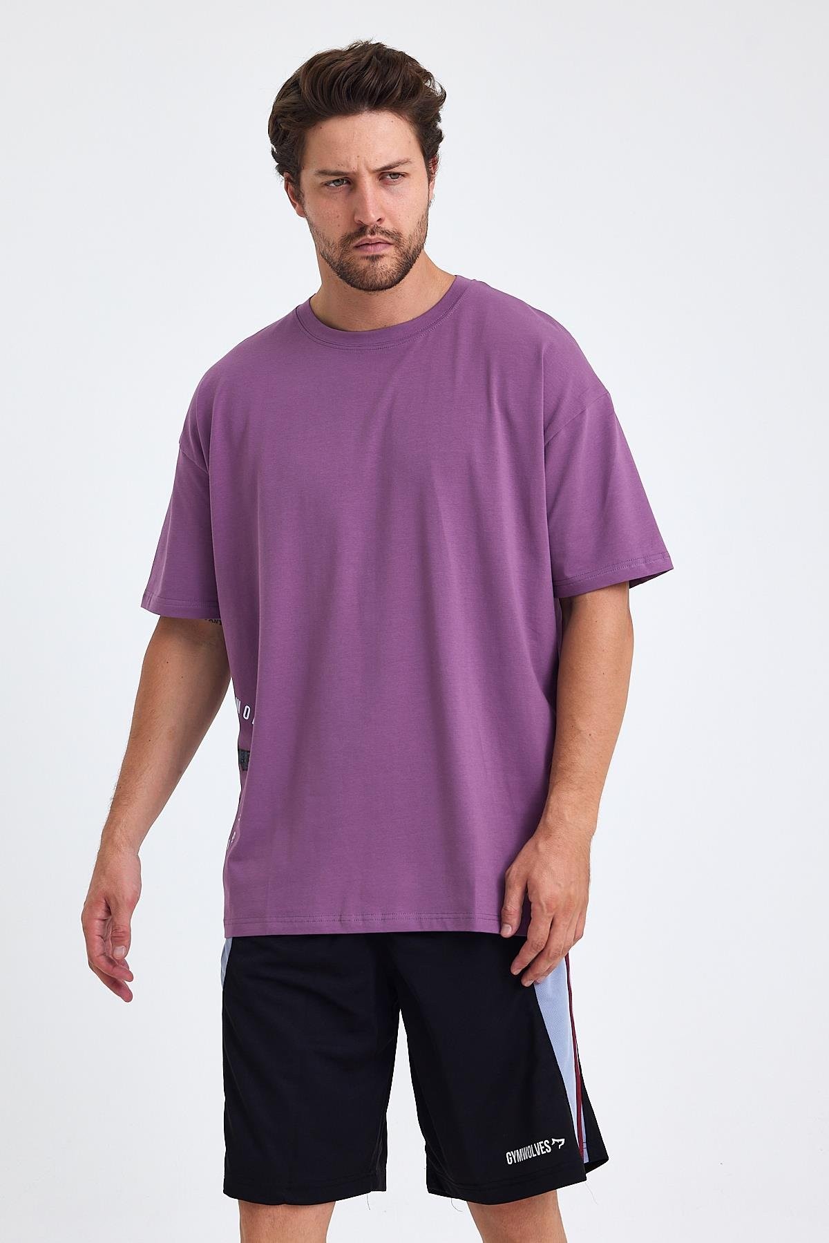 Gymwolves Erkek Over Size Spor T-Shirt | Kurt  Baskılı | Workout T-Shirt | Tişört | Mor |