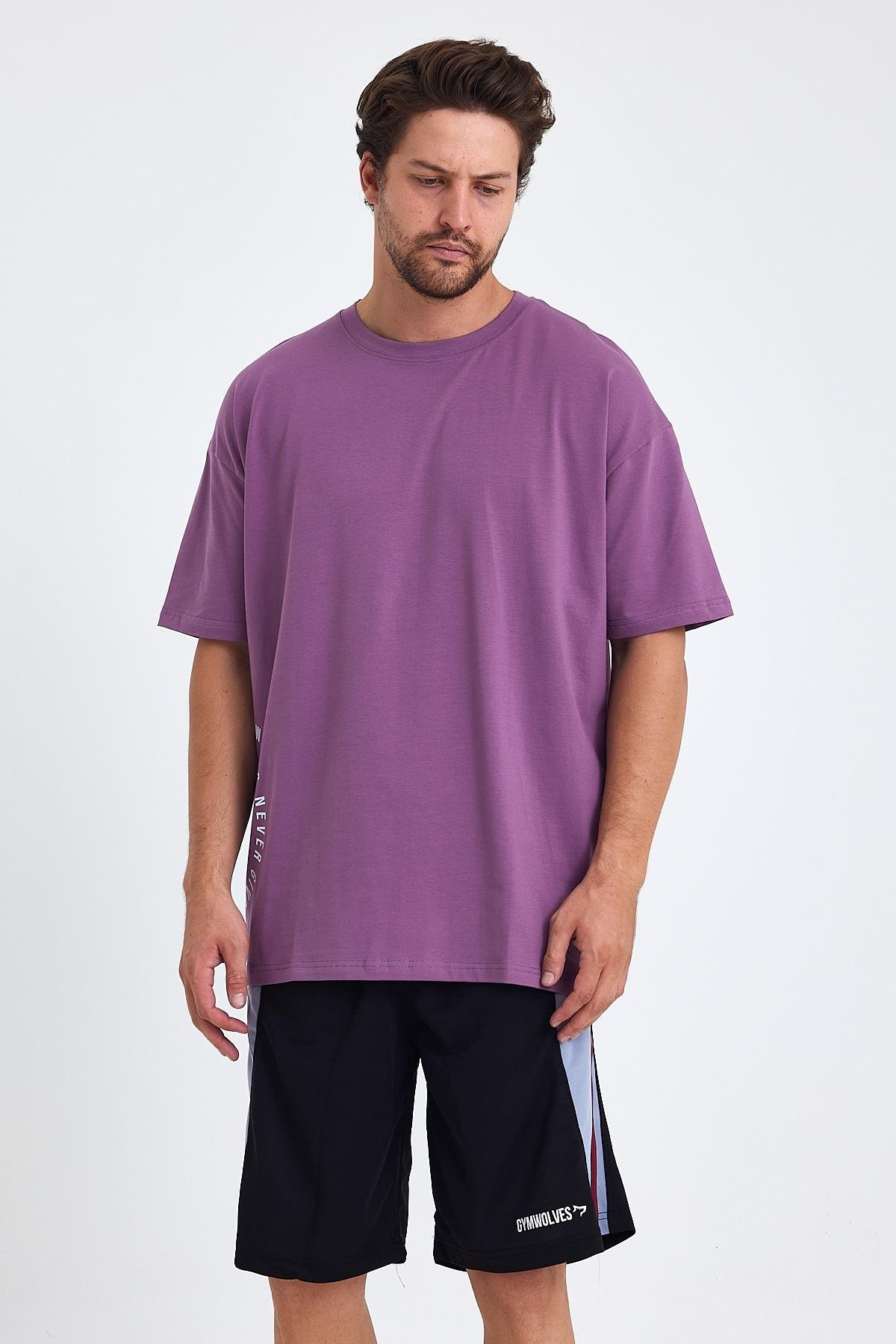 Gymwolves Erkek Over Size Spor T-Shirt | Kurt  Baskılı | Workout T-Shirt | Tişört | Mor |