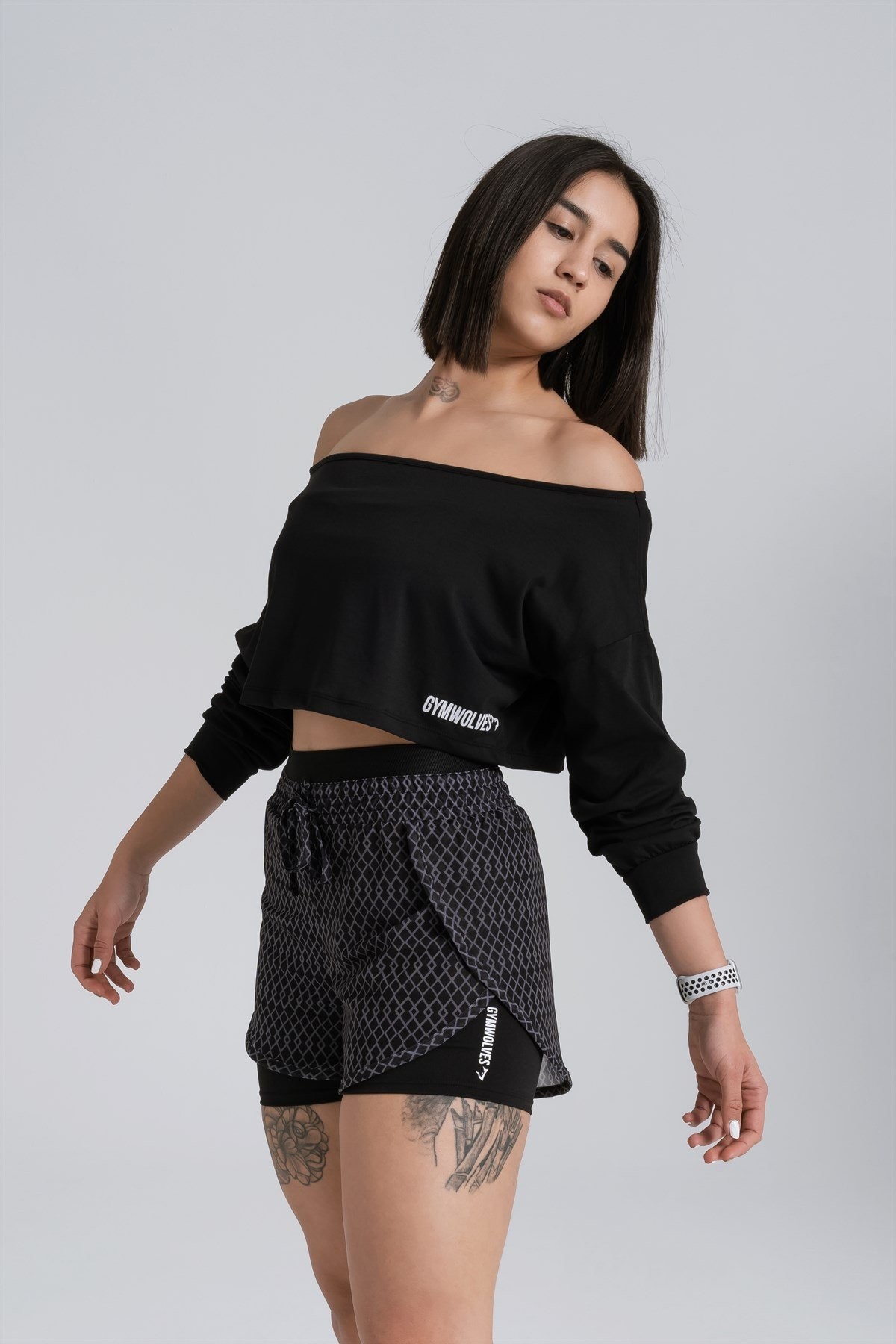 Gymwolves Kayık Yaka Uzun Kollu Crop T-Shirt | Cotton Serisi |