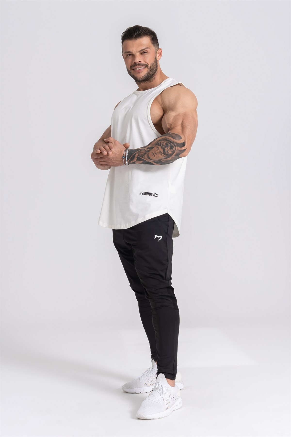 Gymwolves Erkek Kolsuz T-Shirt | Erkek Spor T-shirt | Workout Tanktop | Krem | Never Give Up |