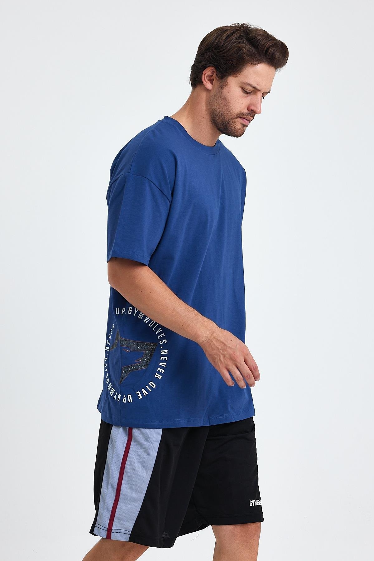 Gymwolves Erkek Over Size Spor T-Shirt | Kurt  Baskılı | Workout T-Shirt | Tişört  | İndigo |