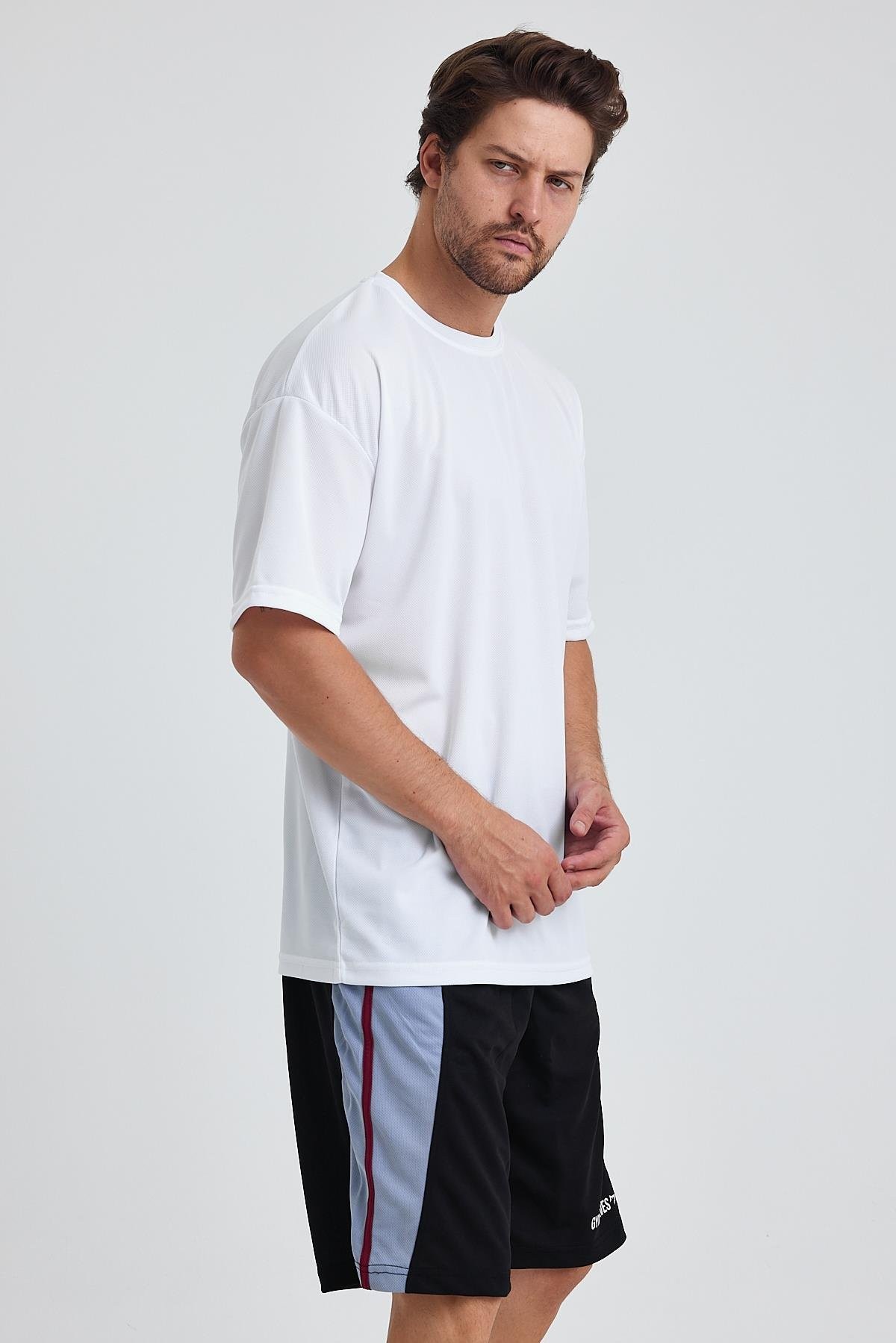 Gymwolves Erkek Over Size Spor T-Shirt | Sırta Kurt  Baskılı | Workout T-Shirt | Tişört | Beyaz |