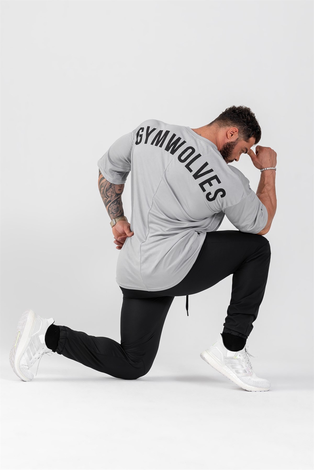 Gymwolves Erkek Over Size Spor T-Shirt | Gri | Workout T-Shirt | Relax Serisi |