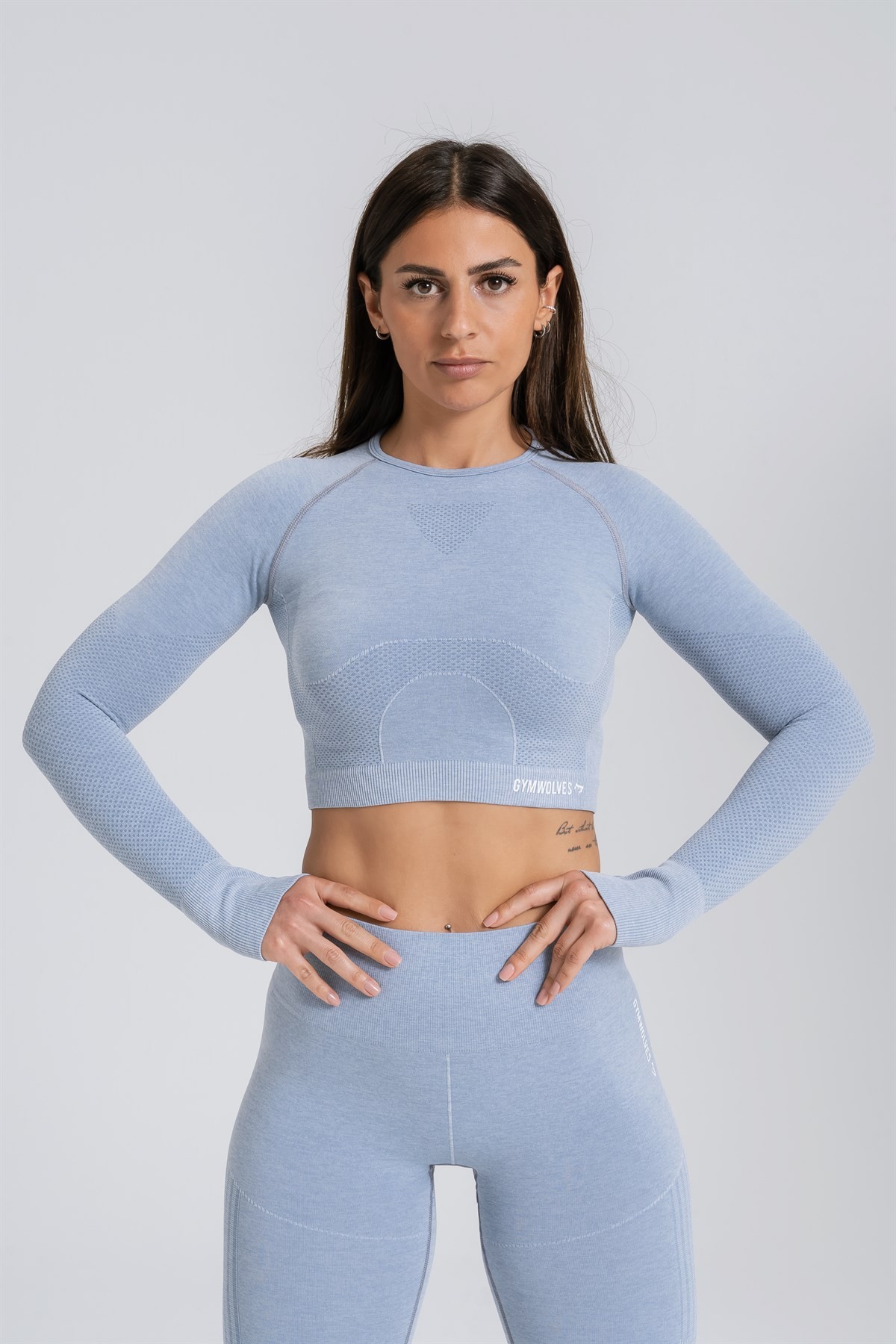 Gymwolves Kadın Uzun Kollu Dikişsiz Spor Tişört | Crop Top | Açık Mavi | Enerji Serisi |
