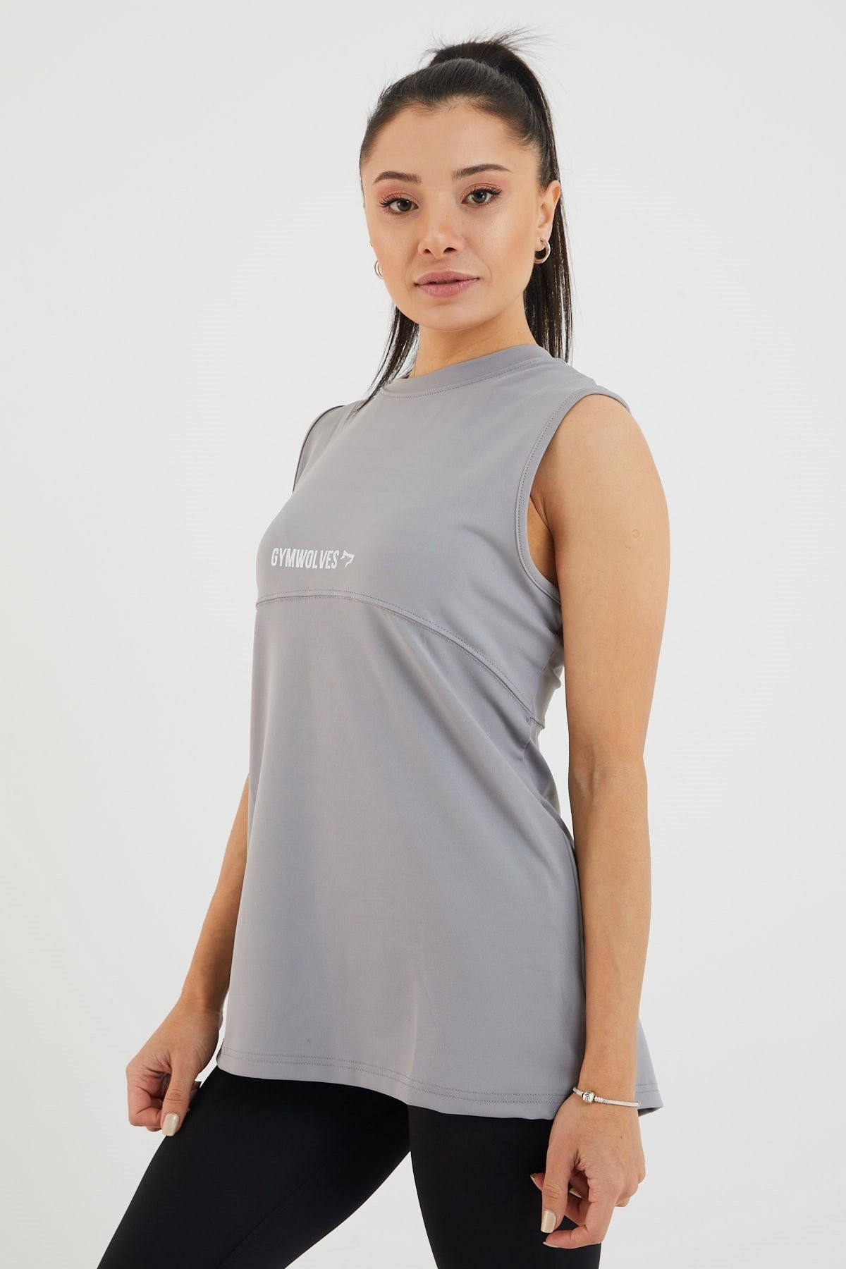 Gymwolves Kadın Spor T-Shirt / Gri | Çift Taraf Giyilebilir Yırtmaçlı