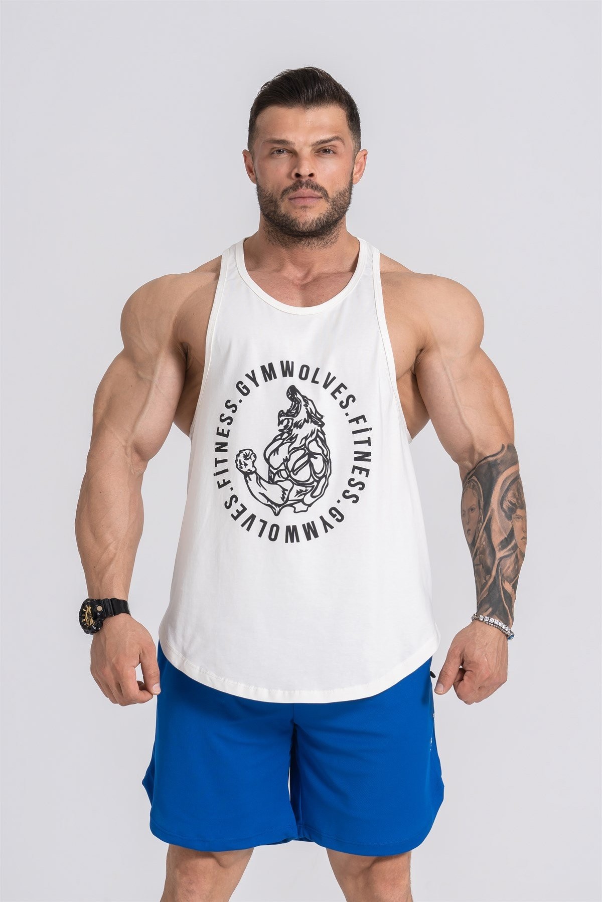 Gymwolves Erkek Spor Atleti | Stringer | Workout Tanktop | Krem | Wolf Serisi