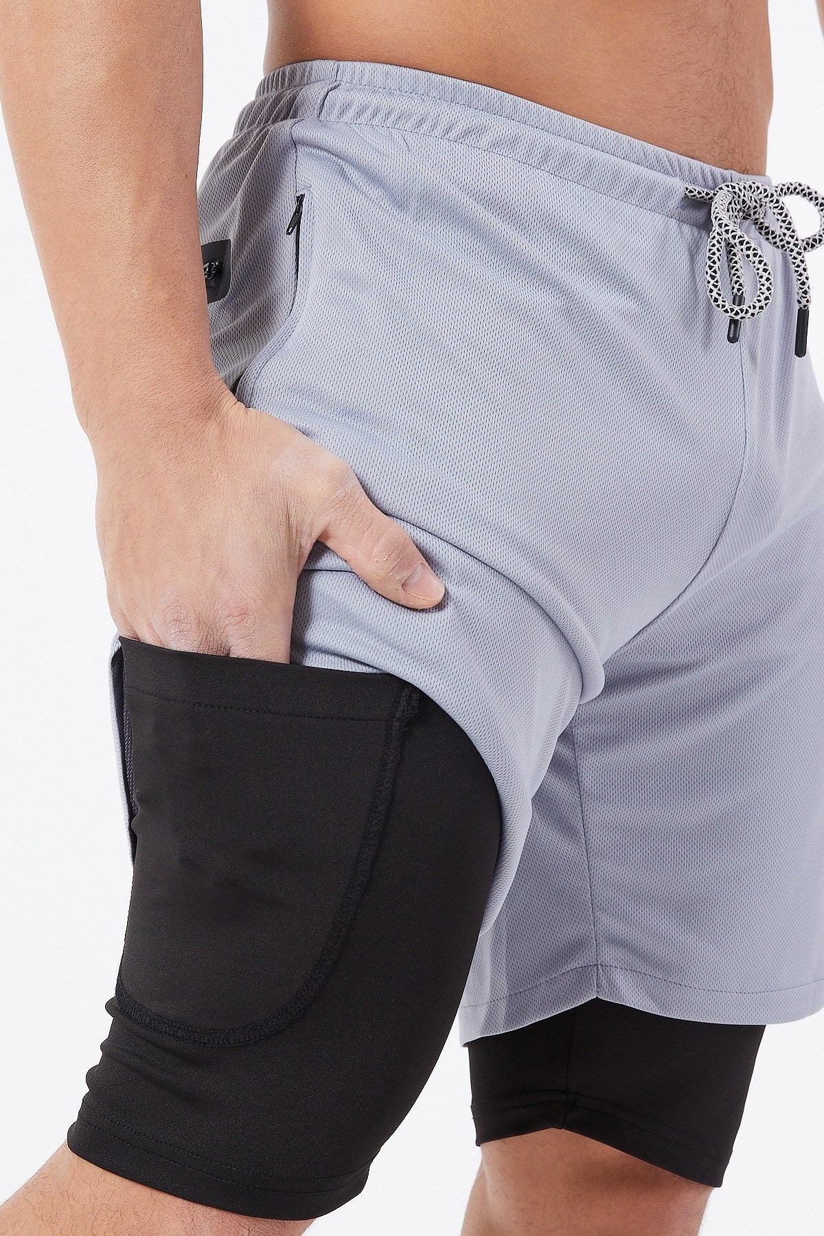 Gymwolves Erkek Spor Şort Çift Katmanlı | Uzun İç Tayt | Açık Gri | Comfortable Serisi |