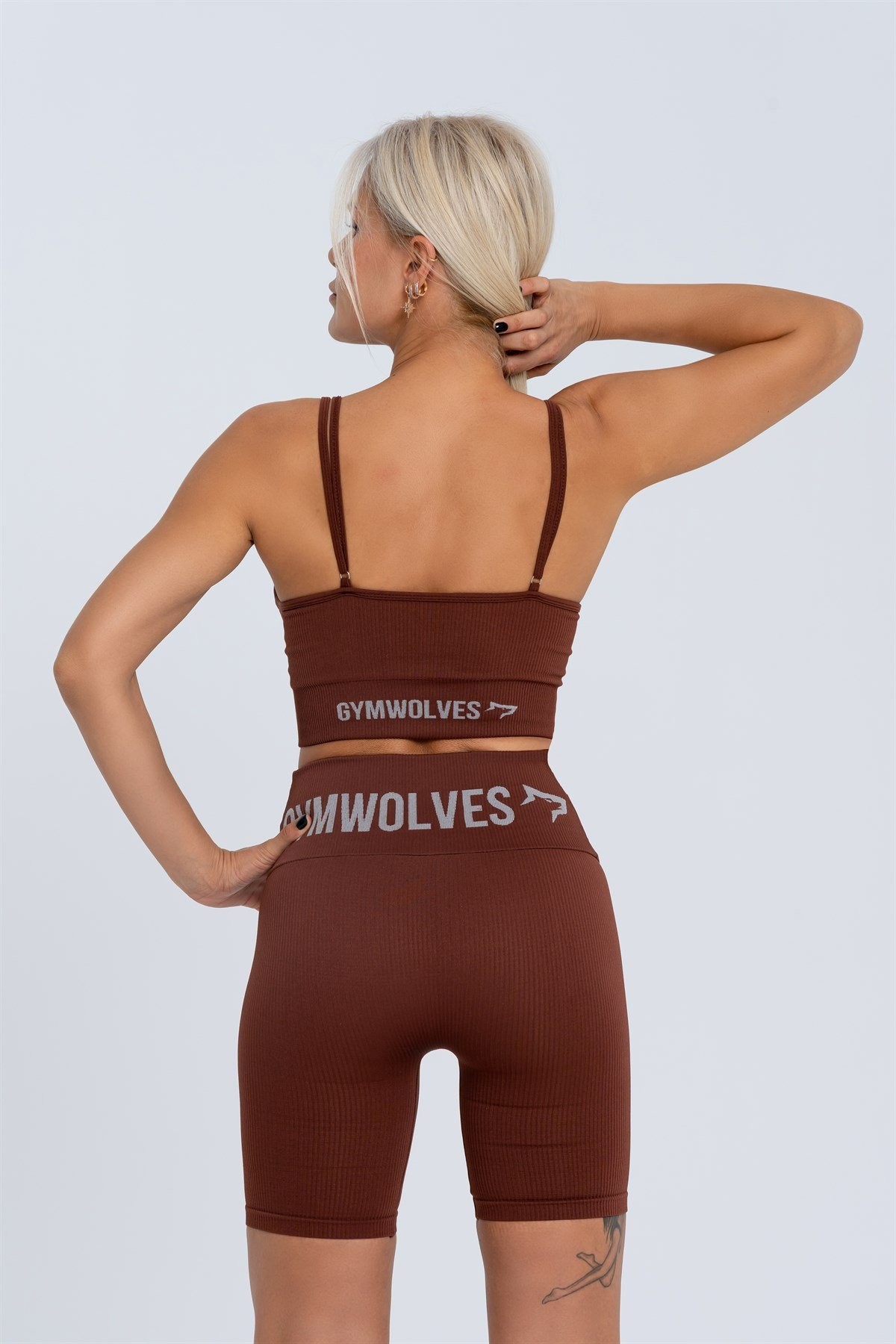 Gymwolves Kadın Spor Şort | Kahverengi | Dikişsiz Spor Şort | Fitilli | Anvelop Model |