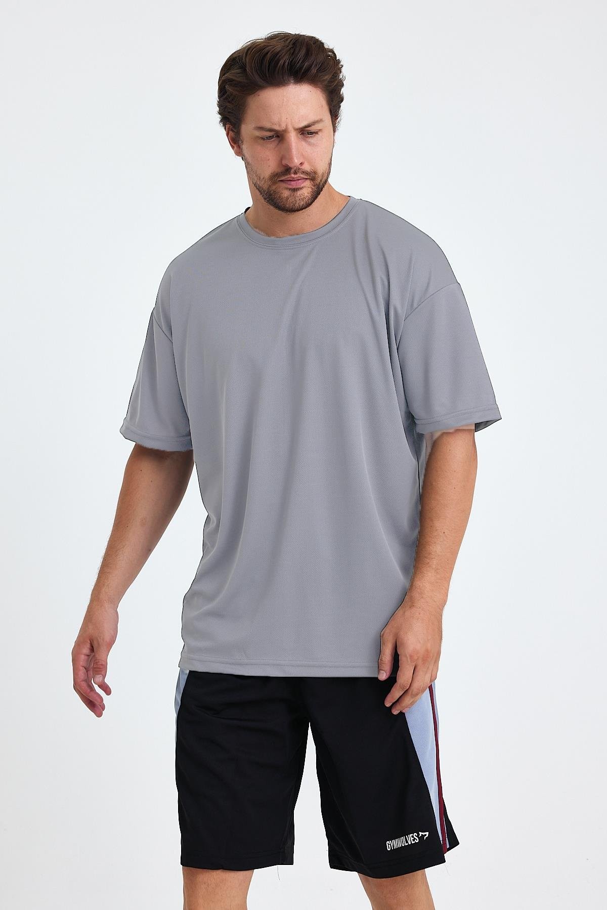 Gymwolves Erkek Over Size Spor T-Shirt | Sırta Kurt  Baskılı | Workout T-Shirt | Tişört | Light Grey |