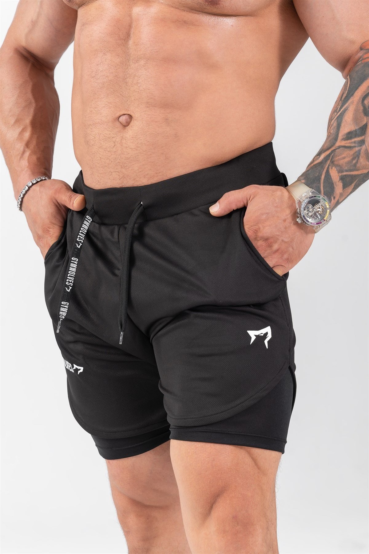 Gymwolves Erkek Spor Şort Çift Katmanlı | Siyah | Comfortable Serisi |