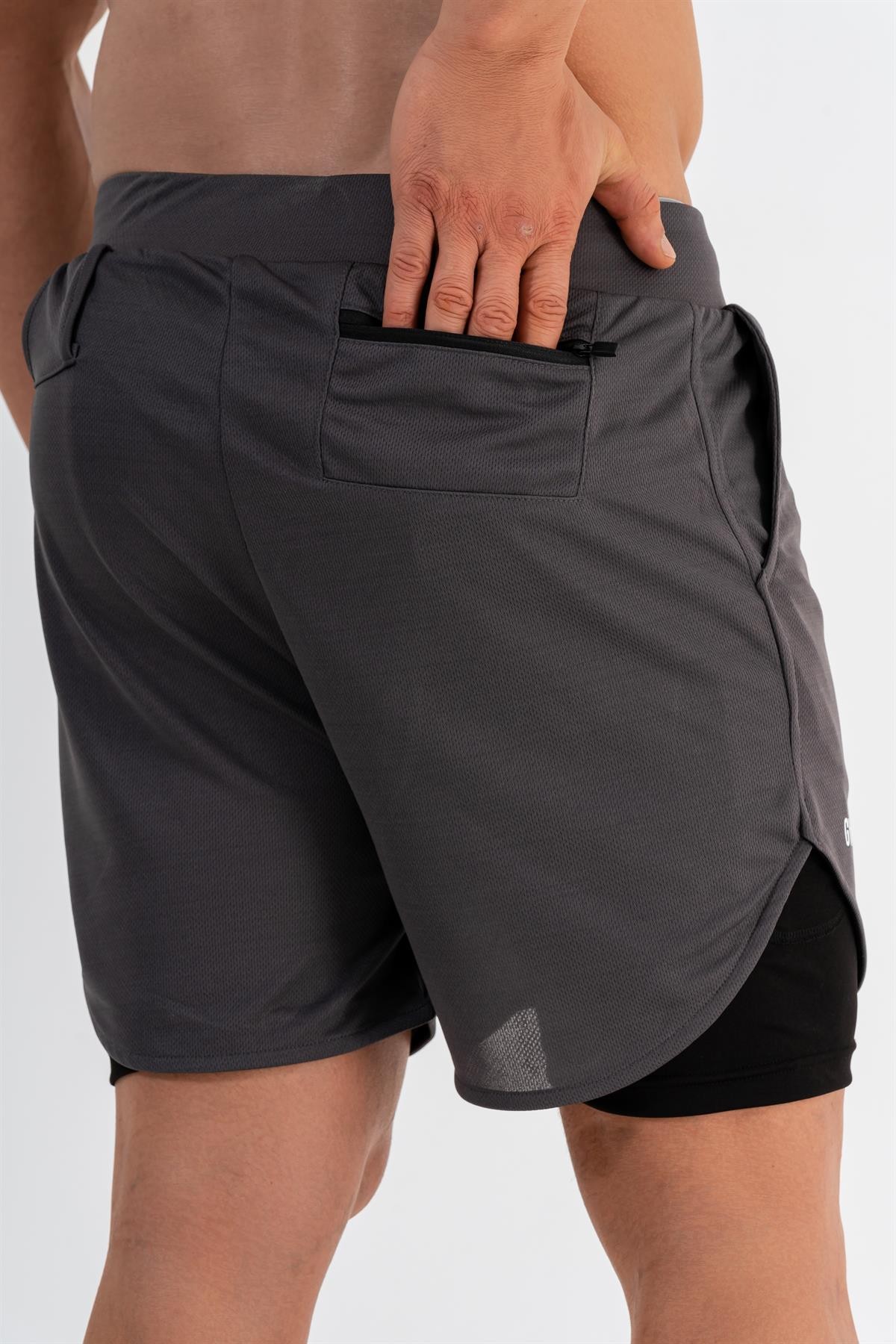 Gymwolves Erkek Spor Şort Çift Katmanlı | Dark Gray | Comfortable Serisi |