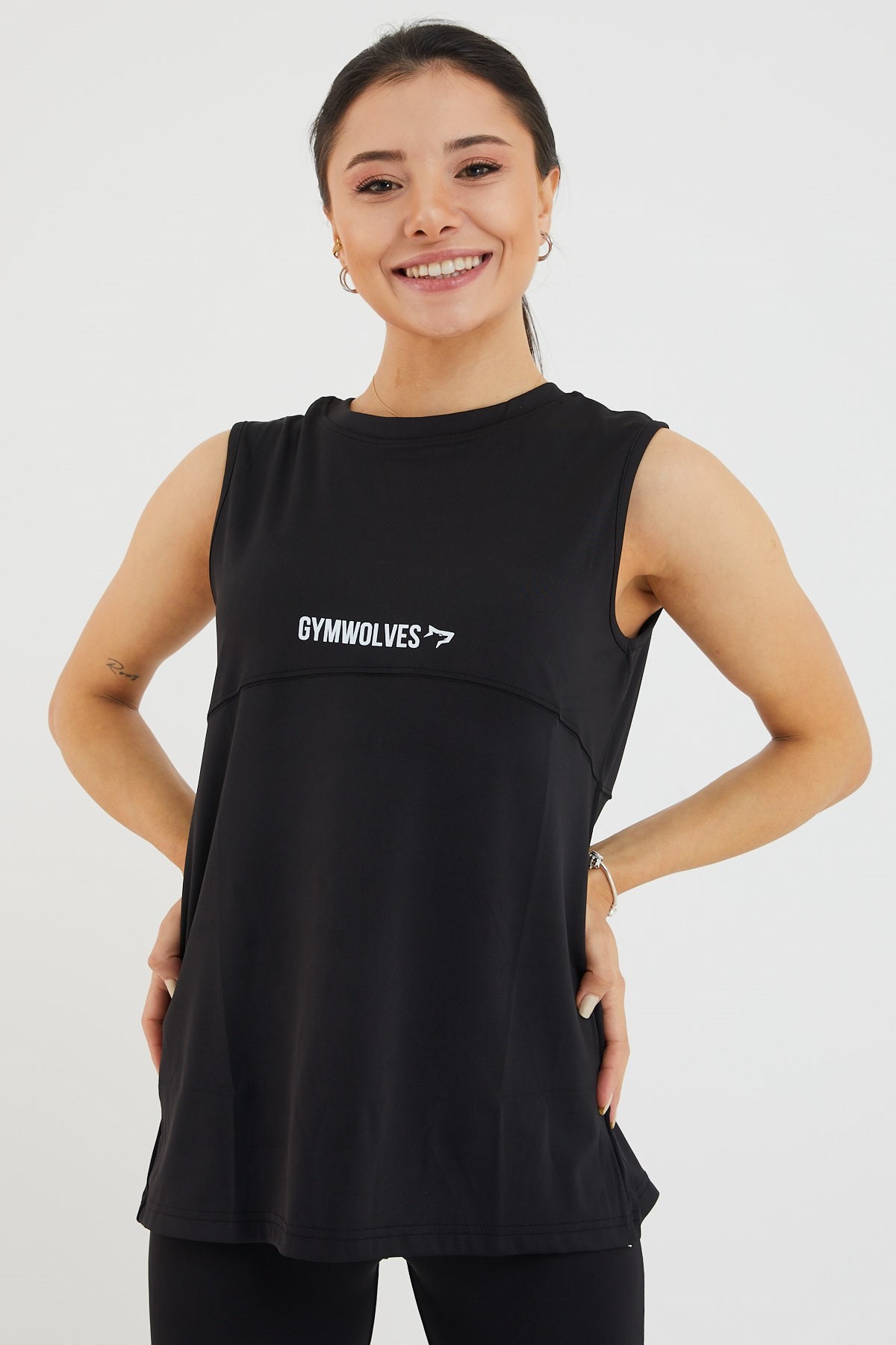 Gymwolves Kadın Spor T-Shirt / Siyah | Çift Taraf Giyilebilir Yırtmaçlı