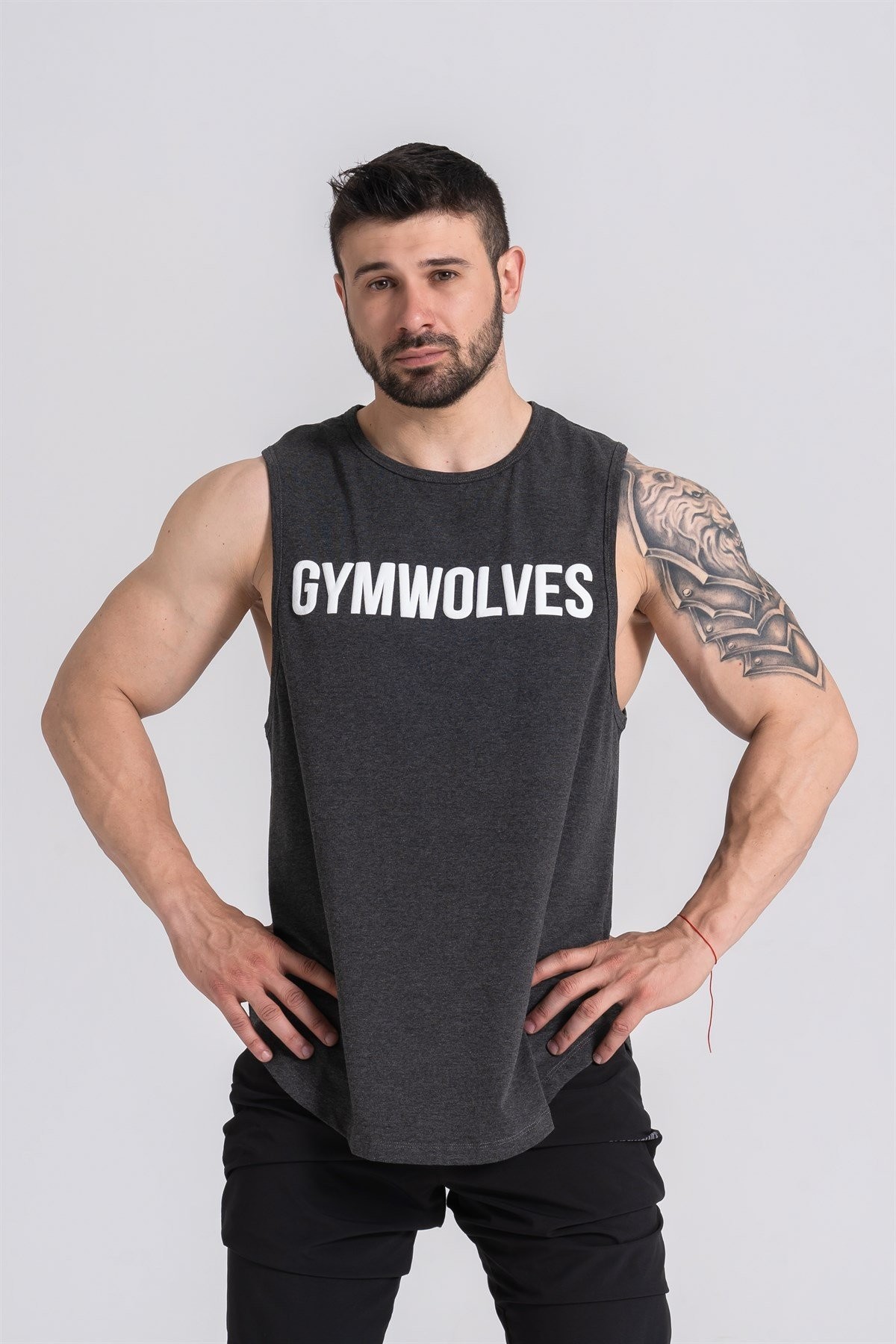 Gymwolves Erkek Kolsuz T-Shirt | Erkek Spor T-shirt | Siyah Melanj | Workout Tanktop |