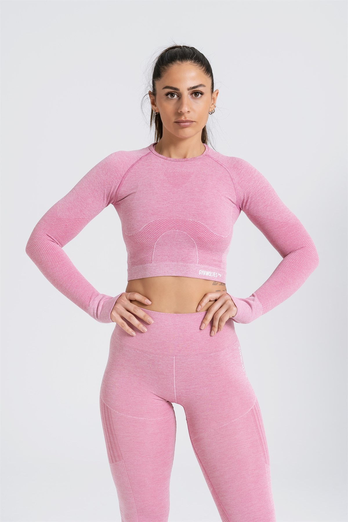 Gymwolves Kadın Uzun Kollu Dikişsiz Spor Tişört | Crop Top | Pembe | Enerji Serisi |