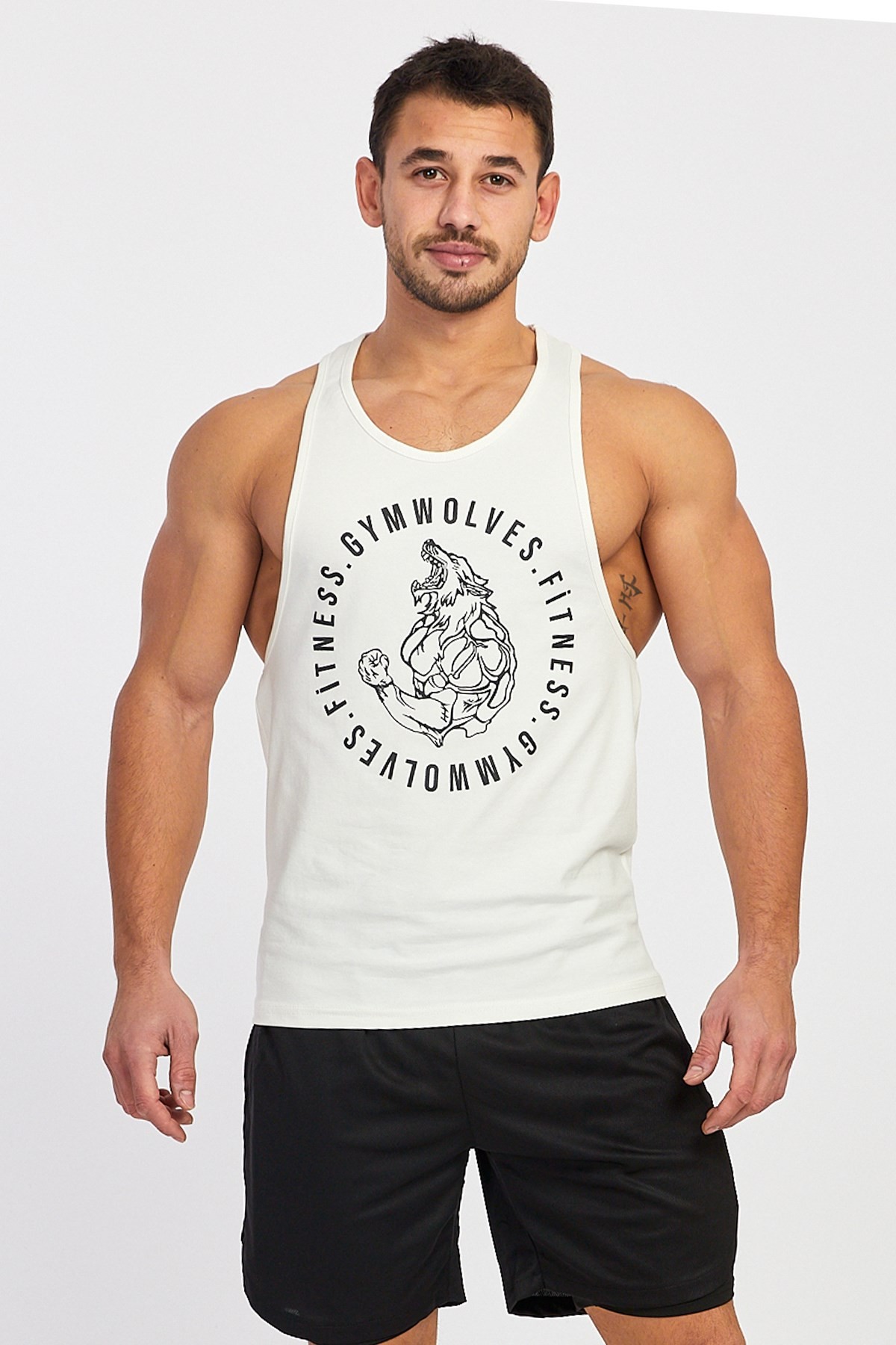 Gymwolves Erkek Spor Atleti | Stringer | Workout Tanktop | Krem | Wolf Serisi
