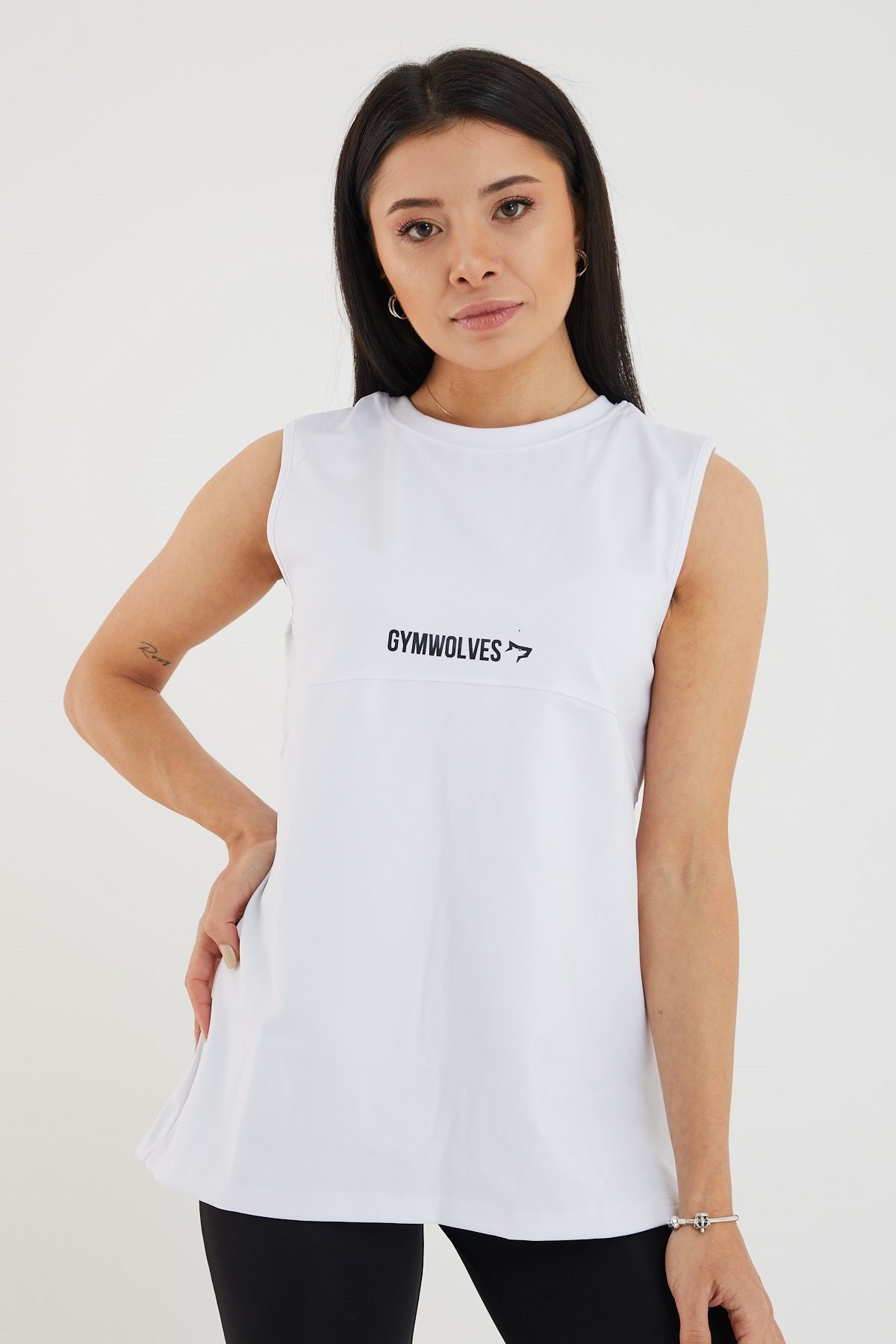 Gymwolves Kadın Spor T-Shirt / Beyaz | Çift Taraf Giyilebilir Yırtmaçlı