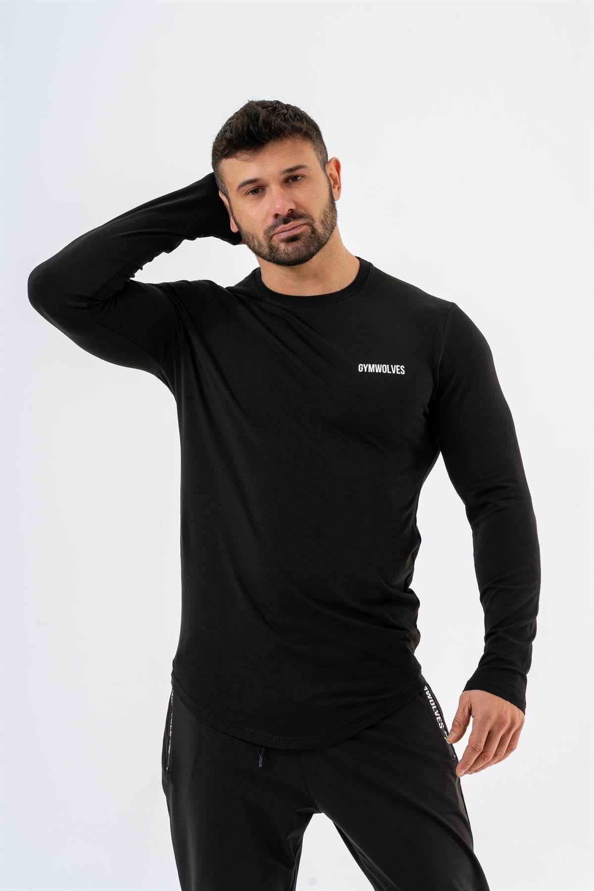 Gymwolves Erkek Spor Body | Siyah | Uzun Kollu Spor T-Shirt | Basic Serisi |