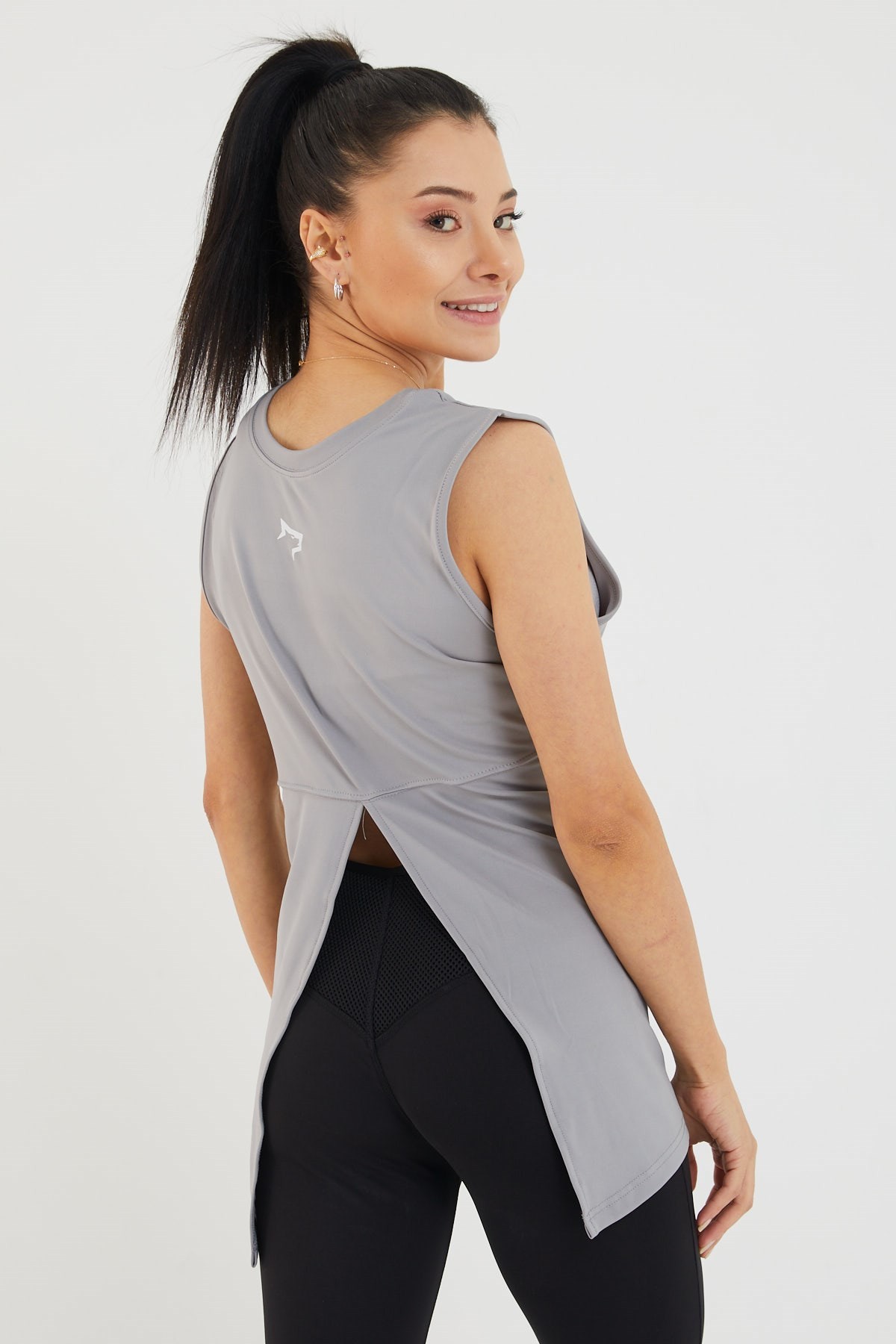 Gymwolves Kadın Spor T-Shirt / Gri | Çift Taraf Giyilebilir Yırtmaçlı