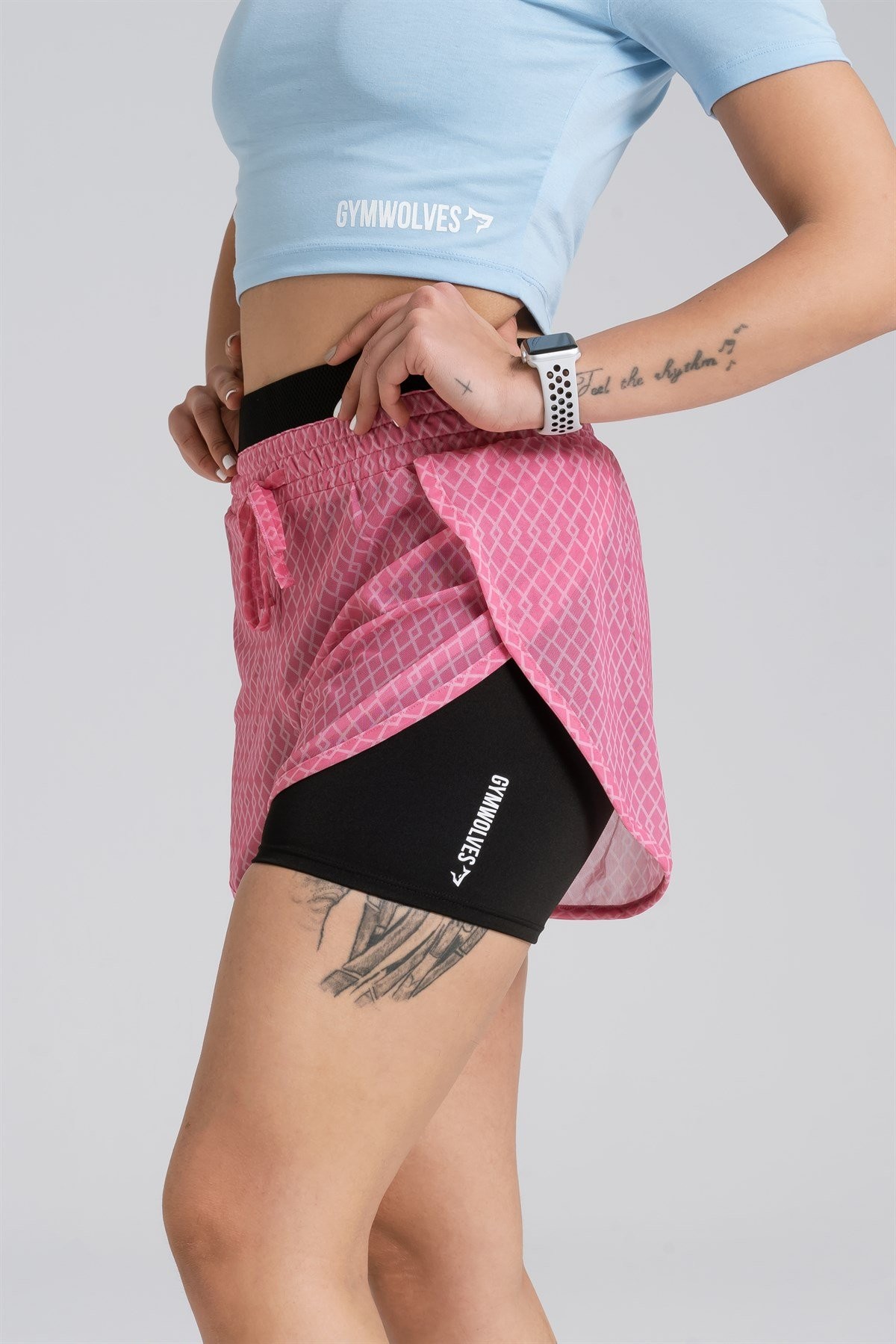 Gymwolves Kadın Spor Şort | İki Konbinasyon Bir Arada | Taytlı Spor Şort | Pembe | Comfortable Serisi |