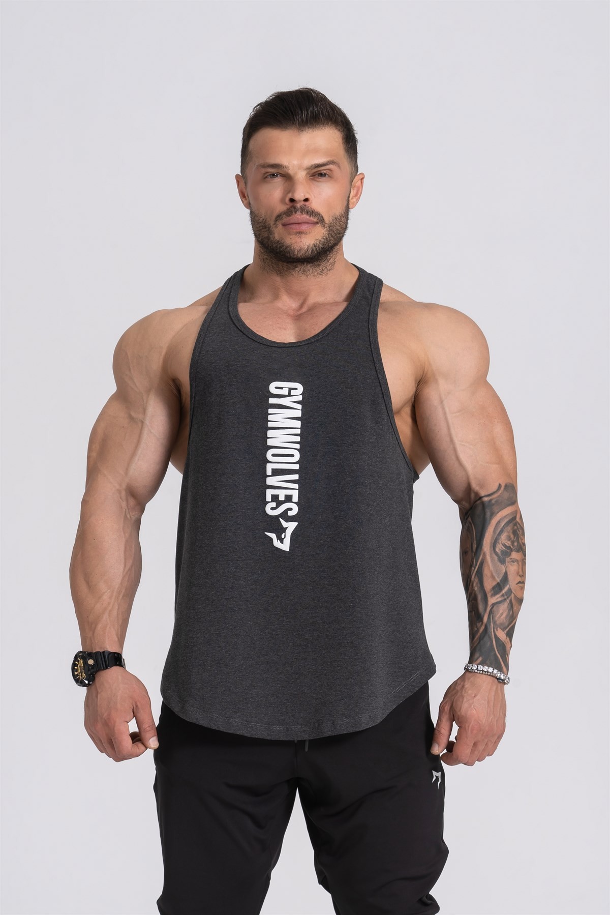 Gymwolves Spor Atleti | Stringer | Workout Tanktop | Siyah Melanj | Comfortable Serisi