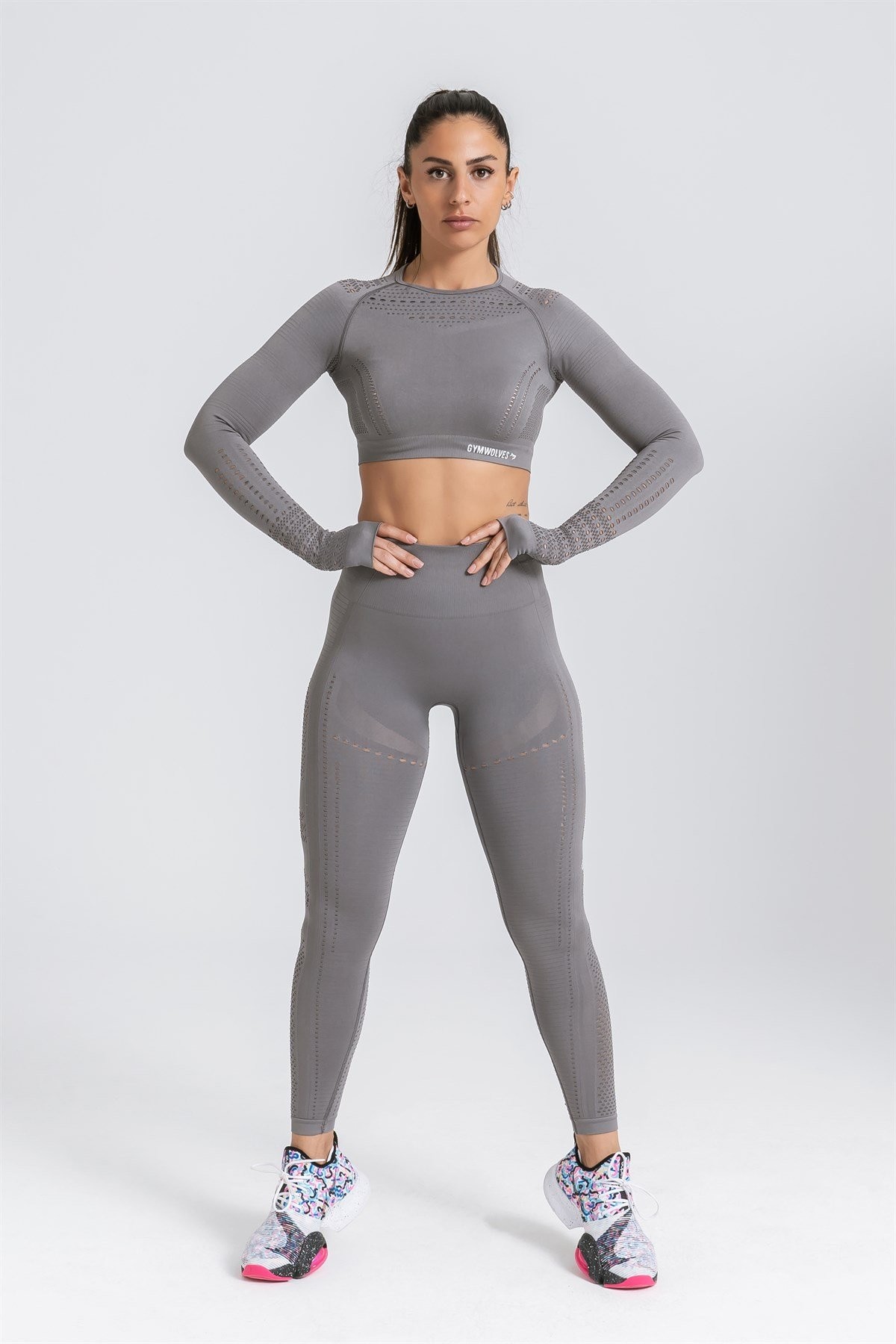 Gymwolves Kadın Uzun Kollu Dikişsiz Spor T-Shirt | Crop Tops | Füme | Aktive Power Serisi |
